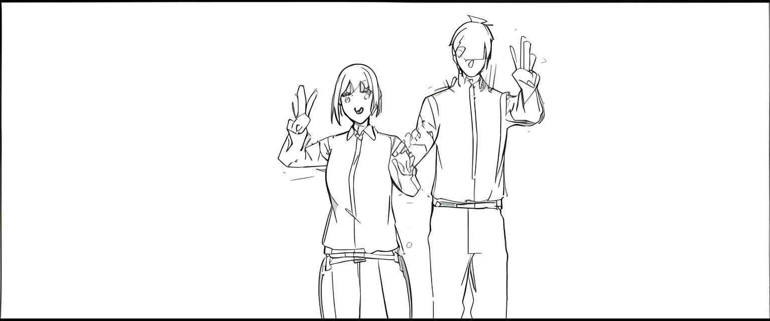 Sketch of couple standing next to each other, clean anime outlines, pudica pose gesture, gesture drawn, heavy gesture style closeup, Pose(Arms up + Happy), anime pose, Fighting Pose, outlined!!!, default pose neutral expression, fight pose, gesture, outline sketch, fullbody shot turnaround, thick outlines, Poses variadas