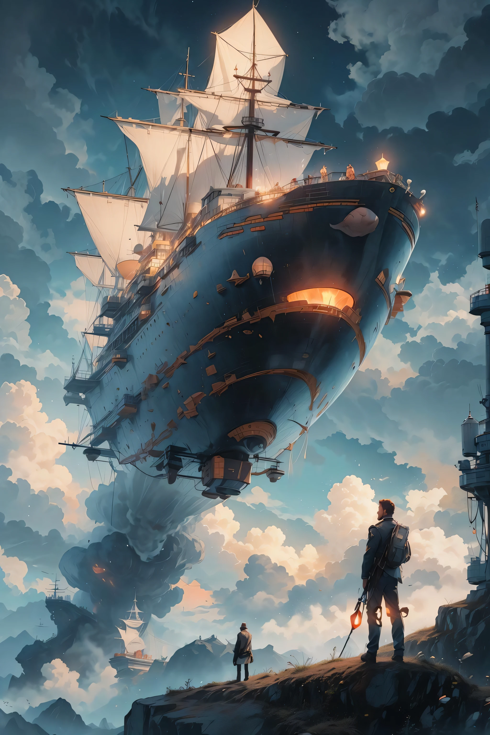 best quality,masterpiec,Megalophobia,giant phobia,Giant aircraft,cloud,sky,A airship inlaid with gemstones,Nautilus,in sky,aircraft,staray,A man looks up on the ground,low angle,Symmetrical composition, neowrsk