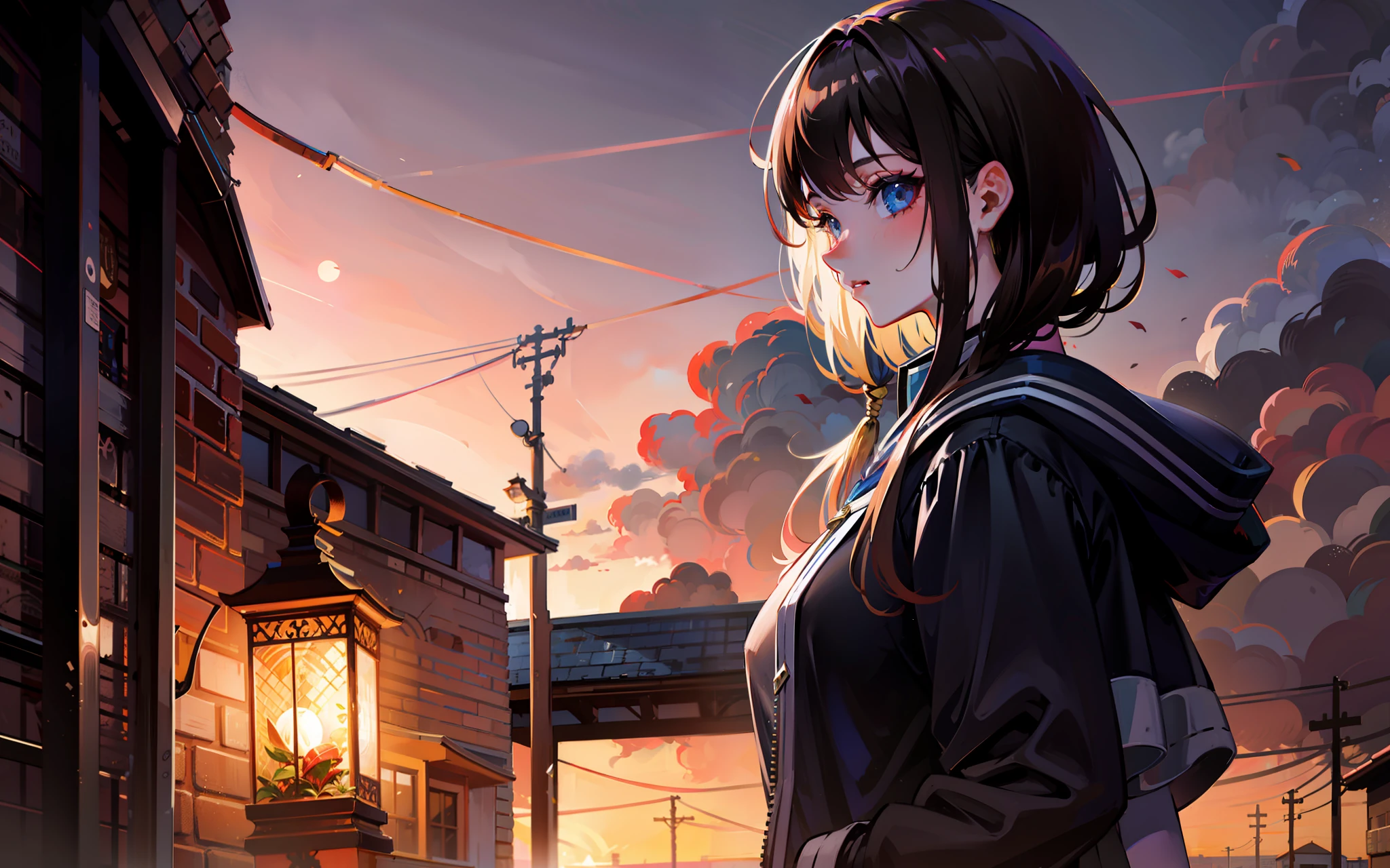 modern urban，evening light，setting sun，lamplight，Anime beauty side face