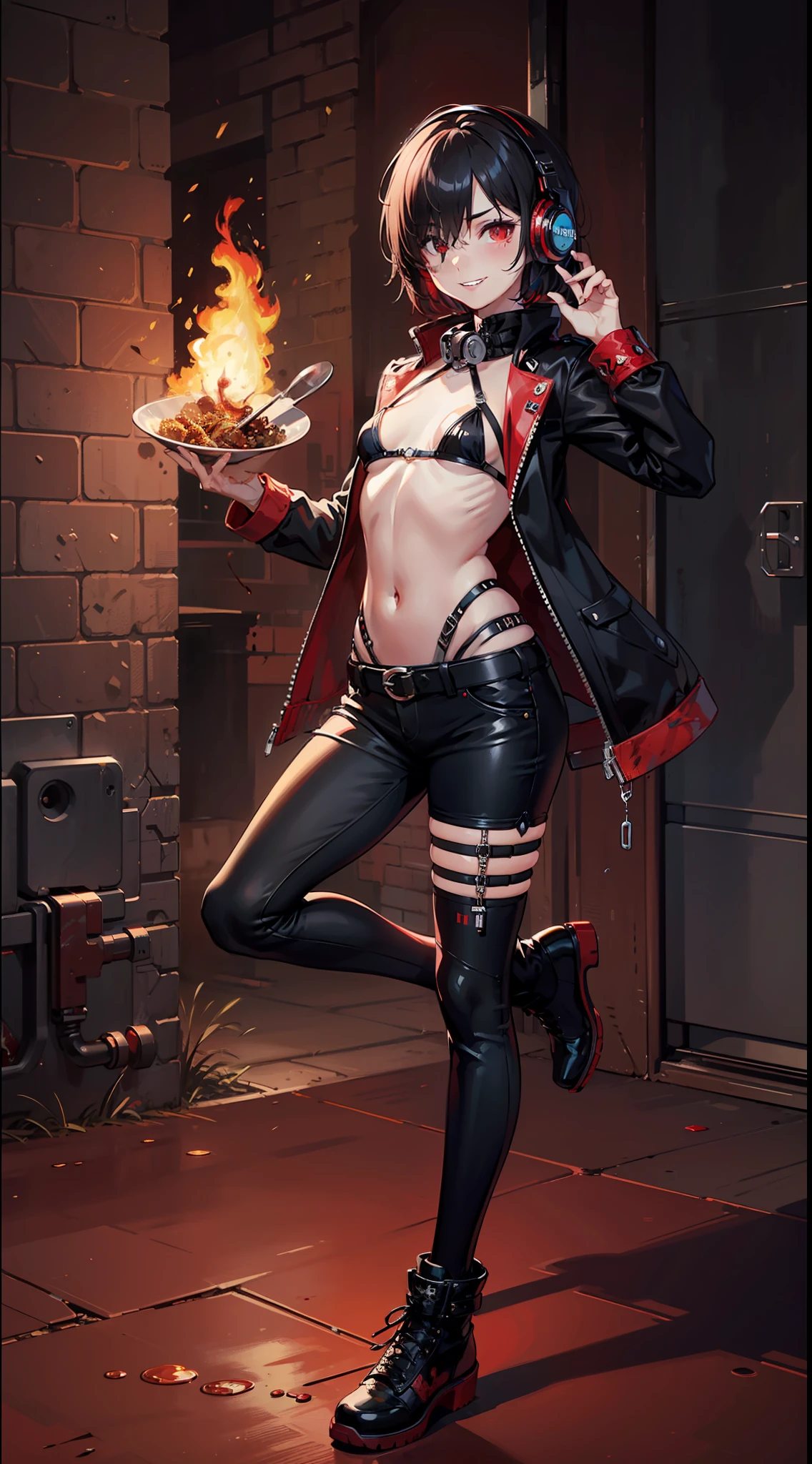 [(RED background:1.5)::5]masterpiece,best quality,highly detailed,Amazing,finely detail,extremely detailed CG unity 8k wallpaper,score:>=60,1girl,Tomboy,black hair, red eyes, short hair,(small_breasts:1.2),Covered in blood,skin dentation,aiguillette,smirk,(smirk:1.1),tomboy, ecstatic,shaded face,focus on face,(full body:1.1), Rebel,Punk,ki ni na wa, Headphones around neck,ladle,Punk,(excited:1),faulds,burning hair,hair over one eye,middle finger