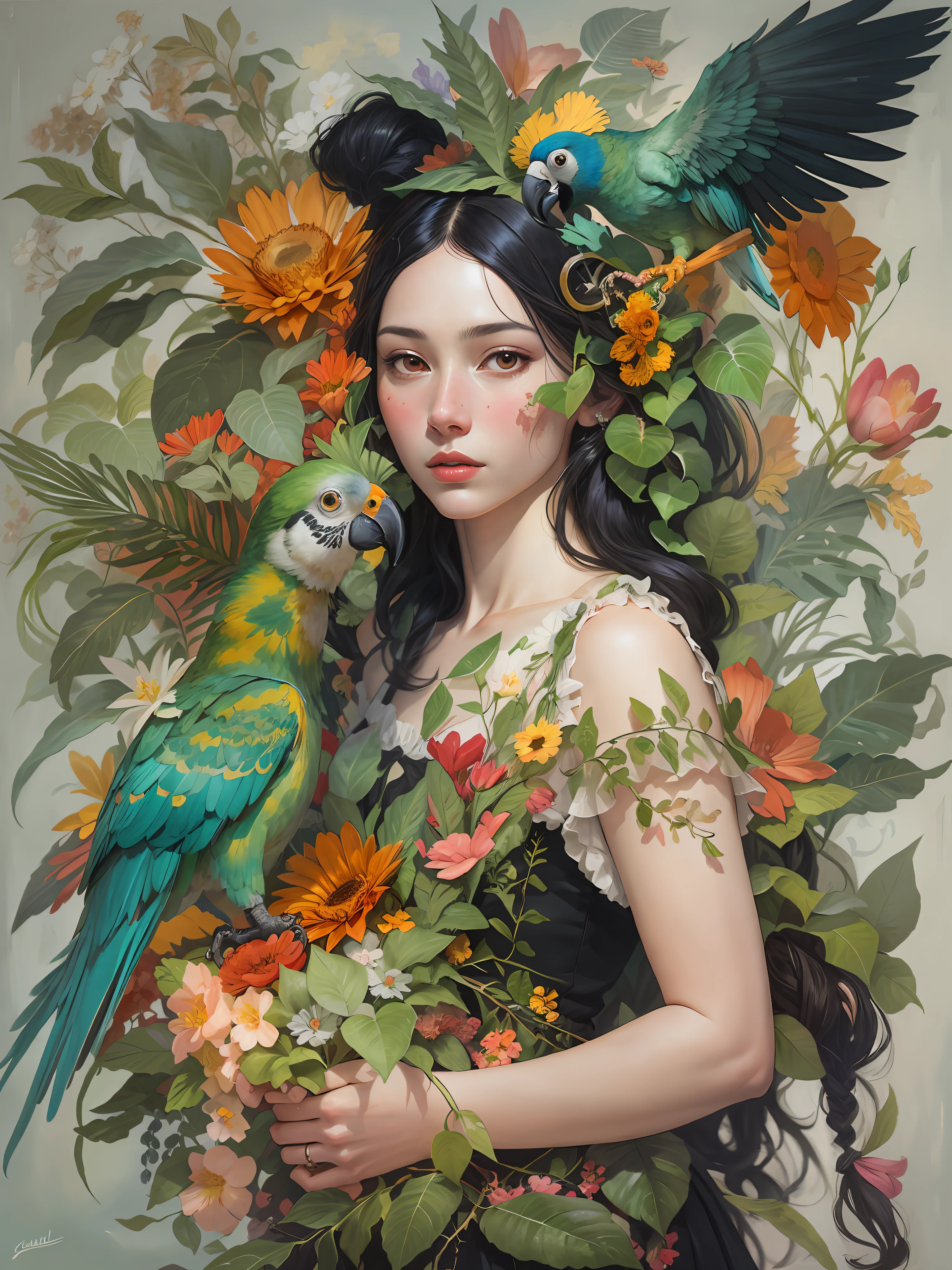 A painting of a black-haired brunette woman with flowers and leaves on her head and a parrot on her shoulder by James Jean