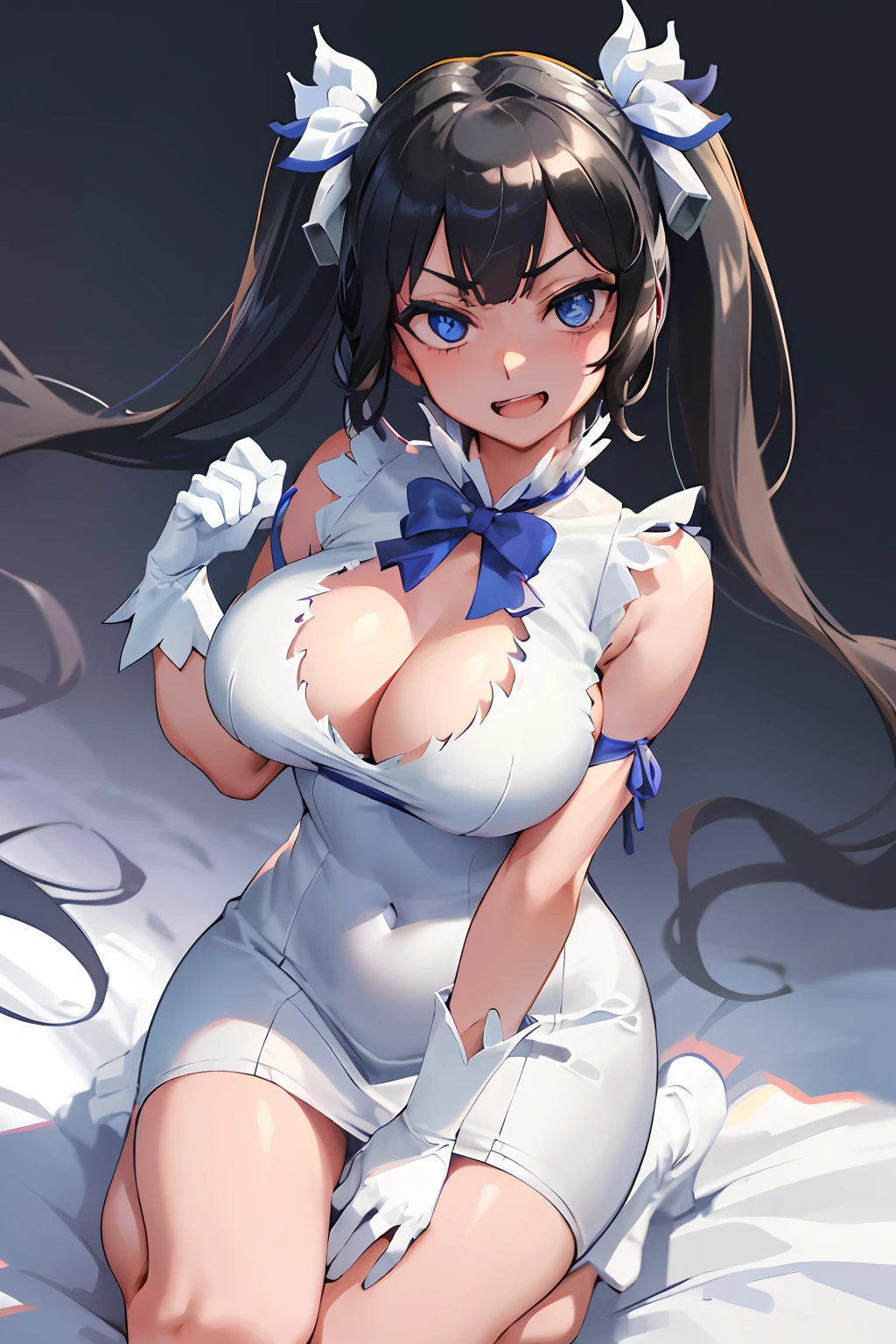 ((masterpiece,best quality, highres, 1girl)), ultra-detailed, detailed hair, (beautiful detailed eyes:1.6), extremely detailed face, perfect lighting, extremely detailed CG, (perfect hands,perfect anatomy), hestia (danmachi),large breasts, long hair, blue ribbon, twintails, gloves, ribbon, dress, rei no himo, large breasts, blue eyes, black hair, white gloves, cleavage, white dress, hair ribbon, bow, sleeveless, sleeveless dress, bangs, cleavage cutout, hair ornament, bowtie, clothing cutout, very long hair, covered navel, arm ribbon,  kneeling, hands on breasts, (smirk,open mouth:1.3), open dress, nsfw