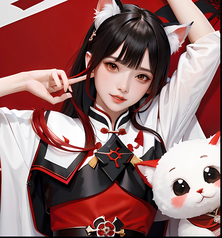 Girl in red dress with sword and red cloak, Ayaka Genshin Impact, characters from azur lane, portrait onmyoji, onmyoji detailed art, zhongli from genshin impact, Genshin, ayaka game genshin impact, Onmyoji, keqing from genshin impact, cushart krenz key art feminine,top-quality、8K、ultra-detailliert、cat ear