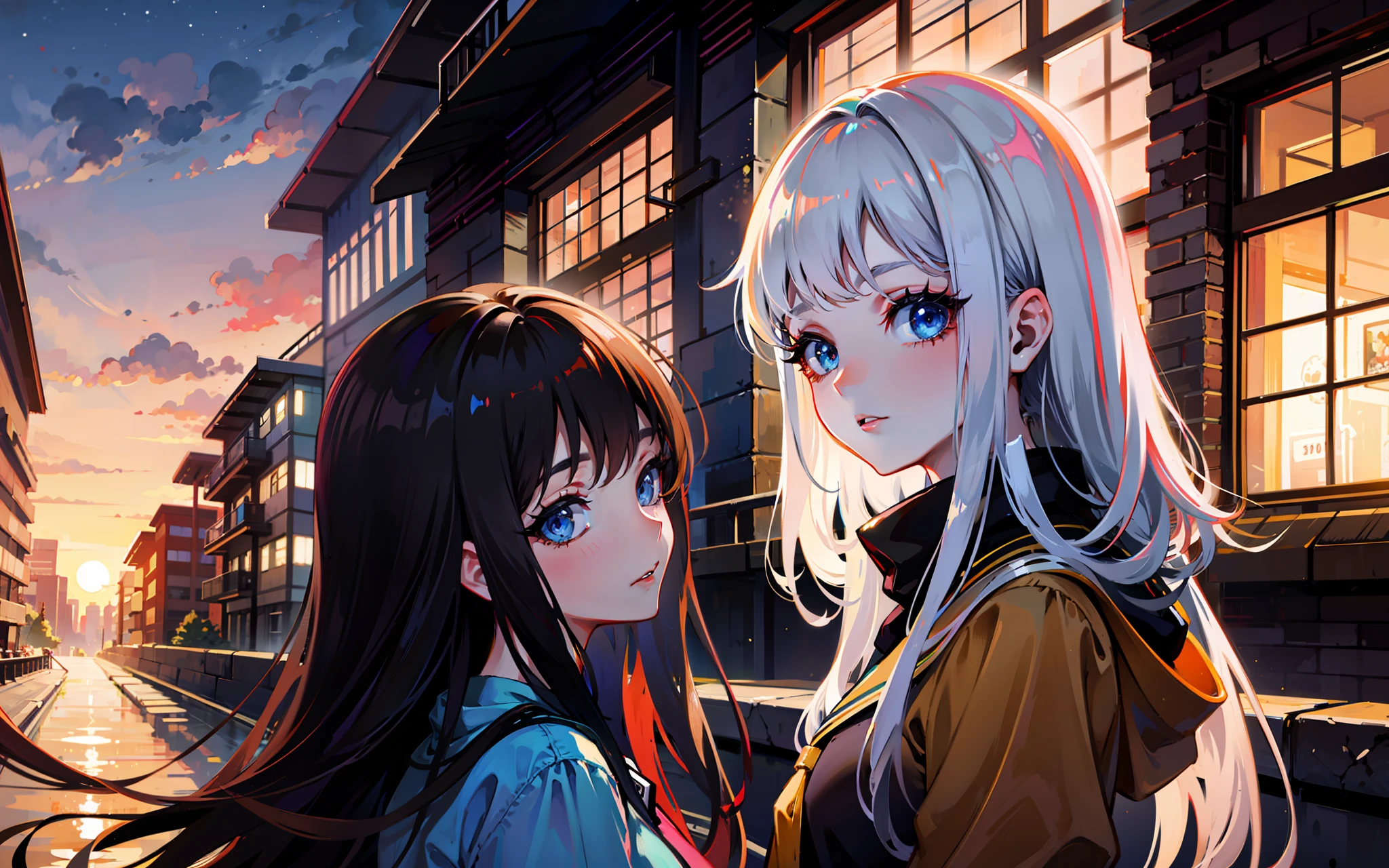 modern urban，evening light，setting sun，lamplight，Anime beauty side face