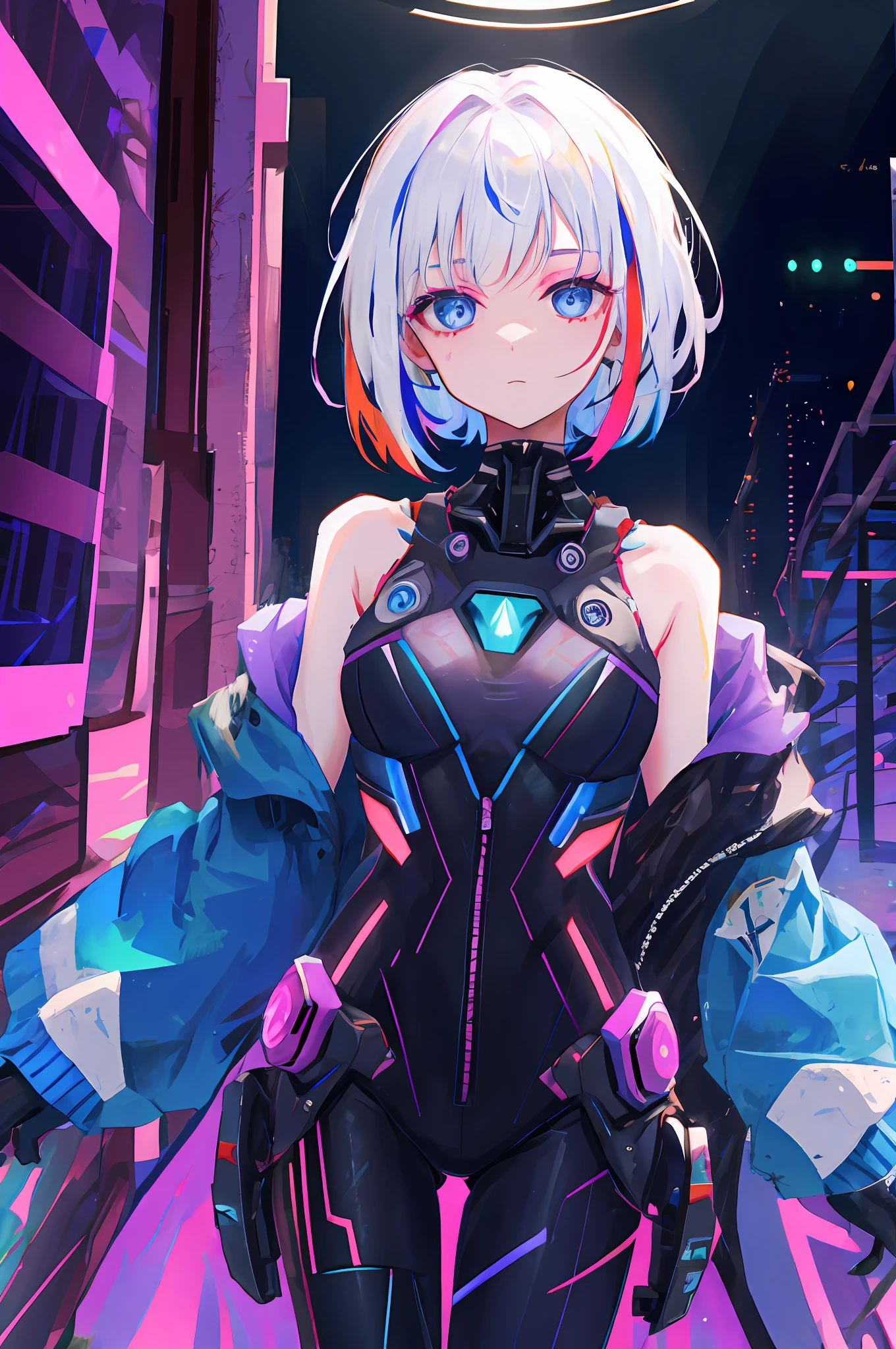 rays of black light, lucy \(Cyberpunk\), 1girll, bangs, Bare shoulders, Blue eyes, Blurry, The background is blurred out, tightsuit, Breasts, Cyberpunk, Cyborg, Expressionless, Jacket, tightsuit, view the viewer, Makeup, Medium breasts, Single, multicolored hair, cropped shoulders, on moon, Open clothes, Open jacket, Parted bangs, planetes, Red eyeliner, Science fiction, Short hair, Solo, thread, White hair,