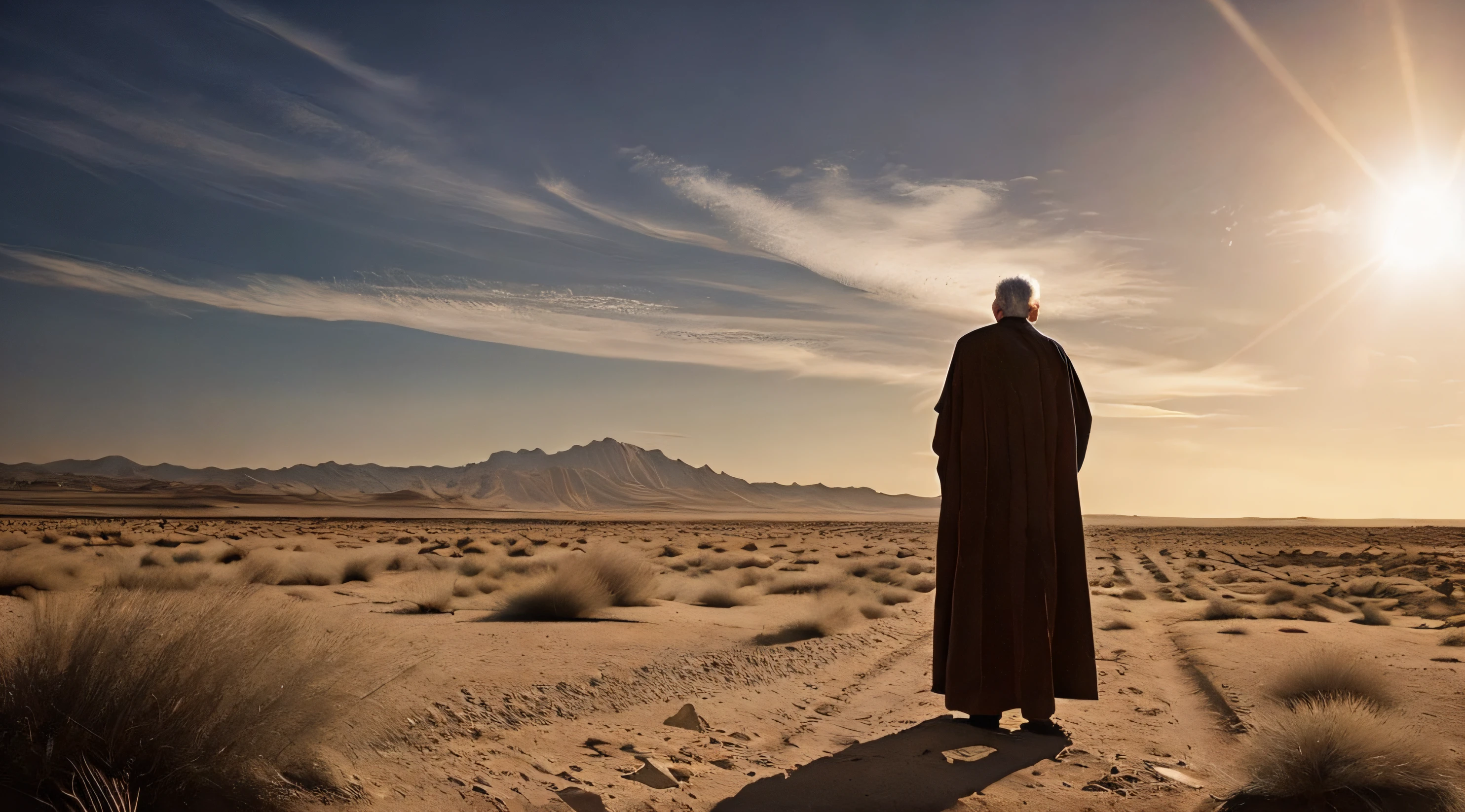 Ancient Israel、Biblical times、1st century、Biblical Stories、((Thin old man with severe skin disease))、((Look up at the sky and pray))、Upper body naked、Wasteland、Suffering face,、8K、Raw photography、top-quality、masterpiece:1.5、ultra-lightweighthigh-resolution、Photorealsitic:1.5、ciinematic light、soft volumetric lighting:1.5、realisitic、Photorealsitic:1、Detailed skin、profetional lighting、a picture、foco nítido、detaileds、profetional lighting、photon maping、detailed and intricate environment、ighly detailed、top-quality、Artistic photography、photorrealistic concept art、soft natural volumetric cinematic perfect light、Midjourney、Detailed hand、