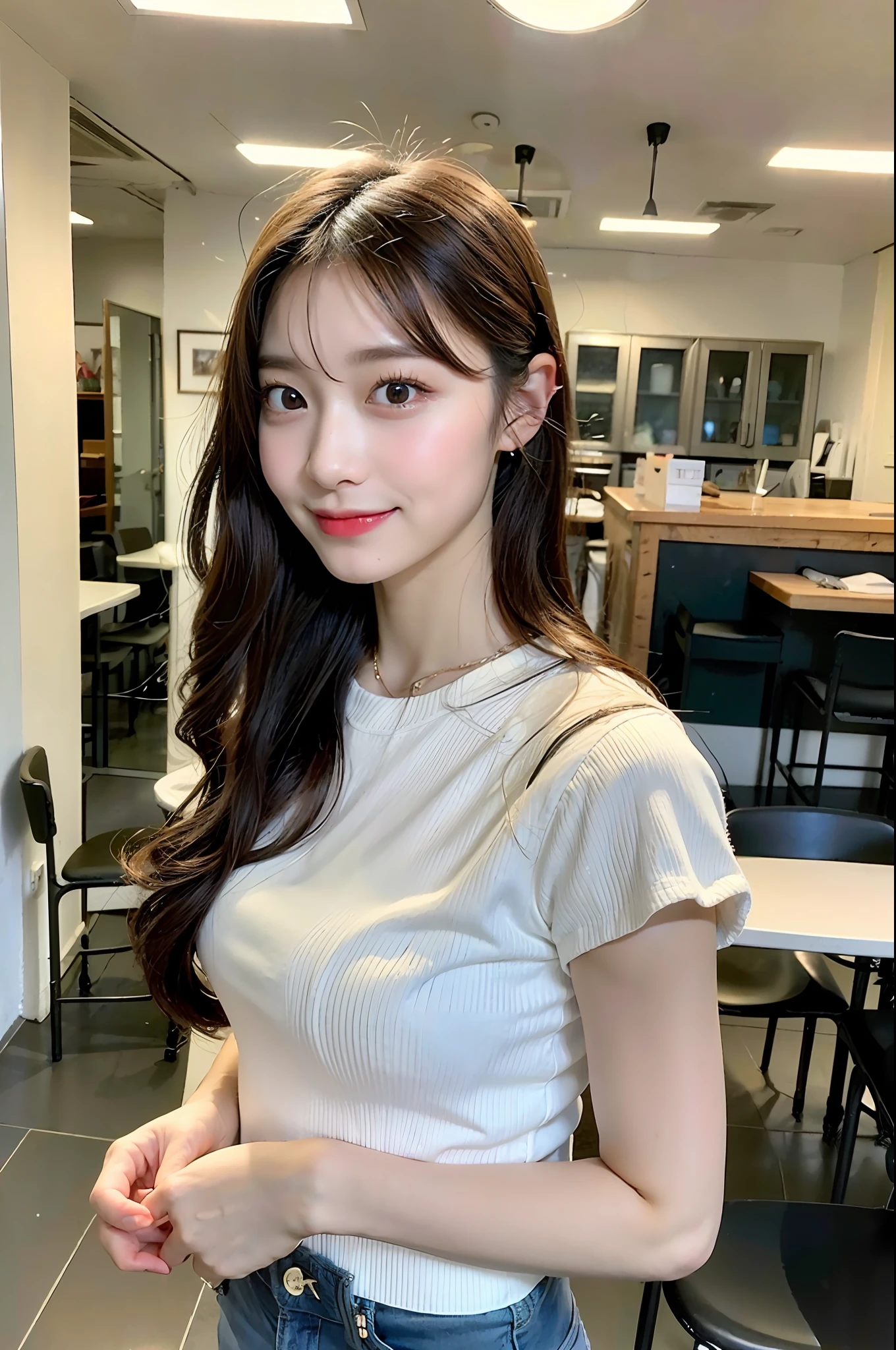 ((Best quality, 8k, Masterpiece :1.3)), 1girl, Pretty woman with emphasizing slender abs :1.3, (random hairstyles), Casual outfit :1.2, Indoor, Ultra-detailed face, Detailed eyes, Double eyelid