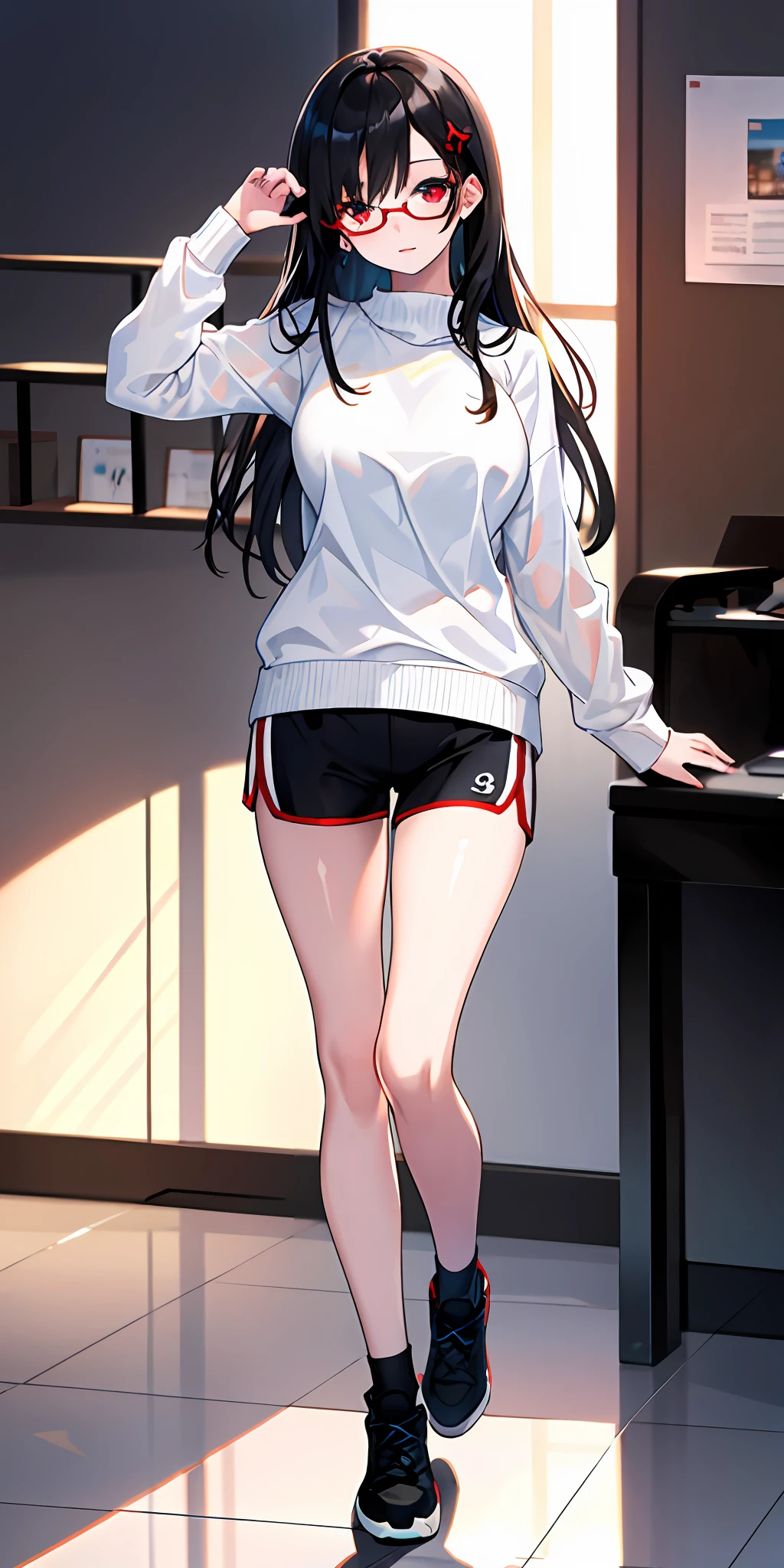 (best quality, masterpiece, 8k, HDR), 1girl, young adult, glasses with transparent glass but black handle, smooth white skin, slightly wavy long black hair, beautiful eyes with red pupils, one mole below left eye, large breasts, white sweater with no stripes, black sport shorts, smooth thighs, full body, beautiful background, posing
