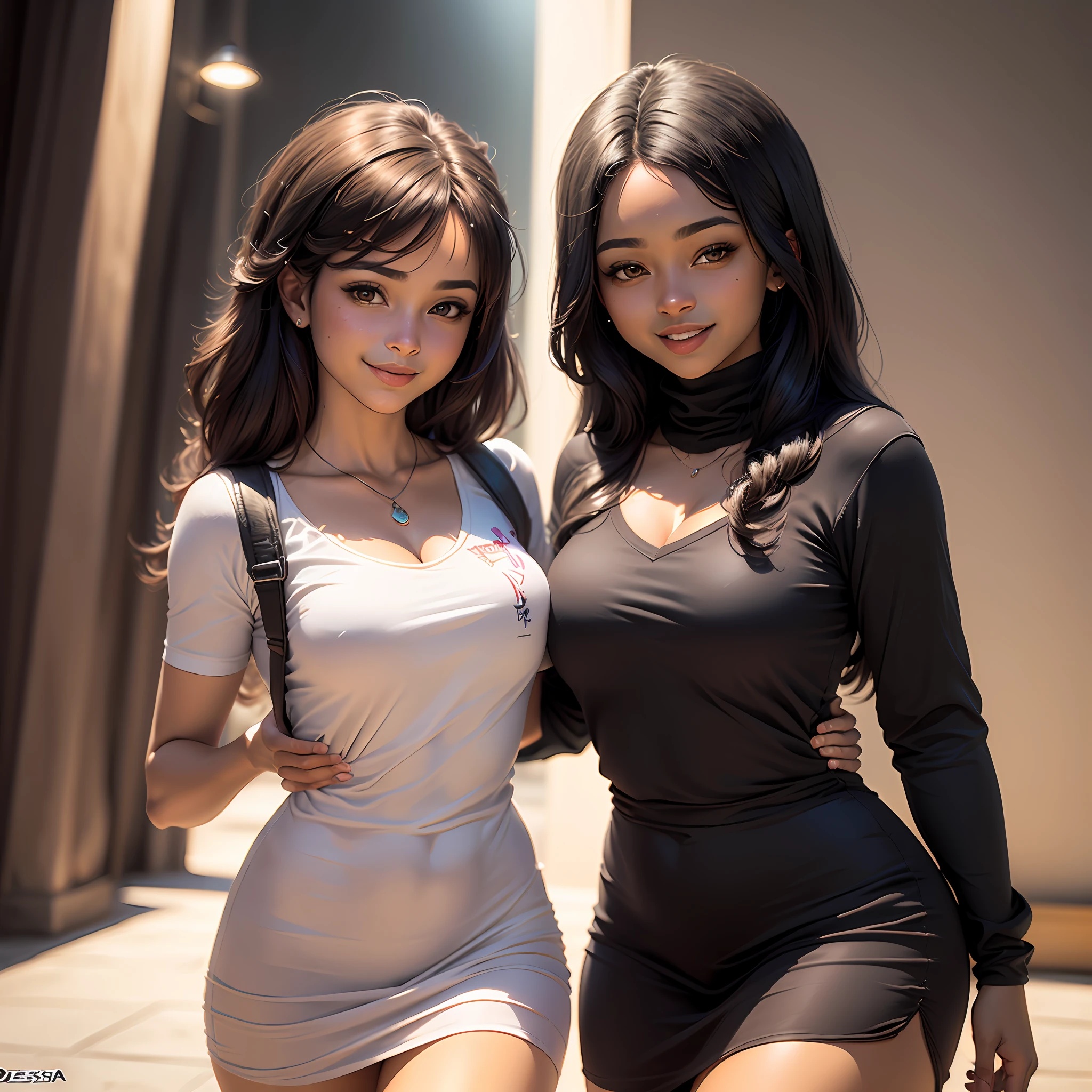(((((desenho realista))), qualidade de imagem, textura da pele, perfect  lighting, tall resolution), duas mulheres, uma negra e uma branca, estilo casual, em um ambiente iluminado pela luz natural, fazendo uma atividade juntas e sorrindo.) --auto
