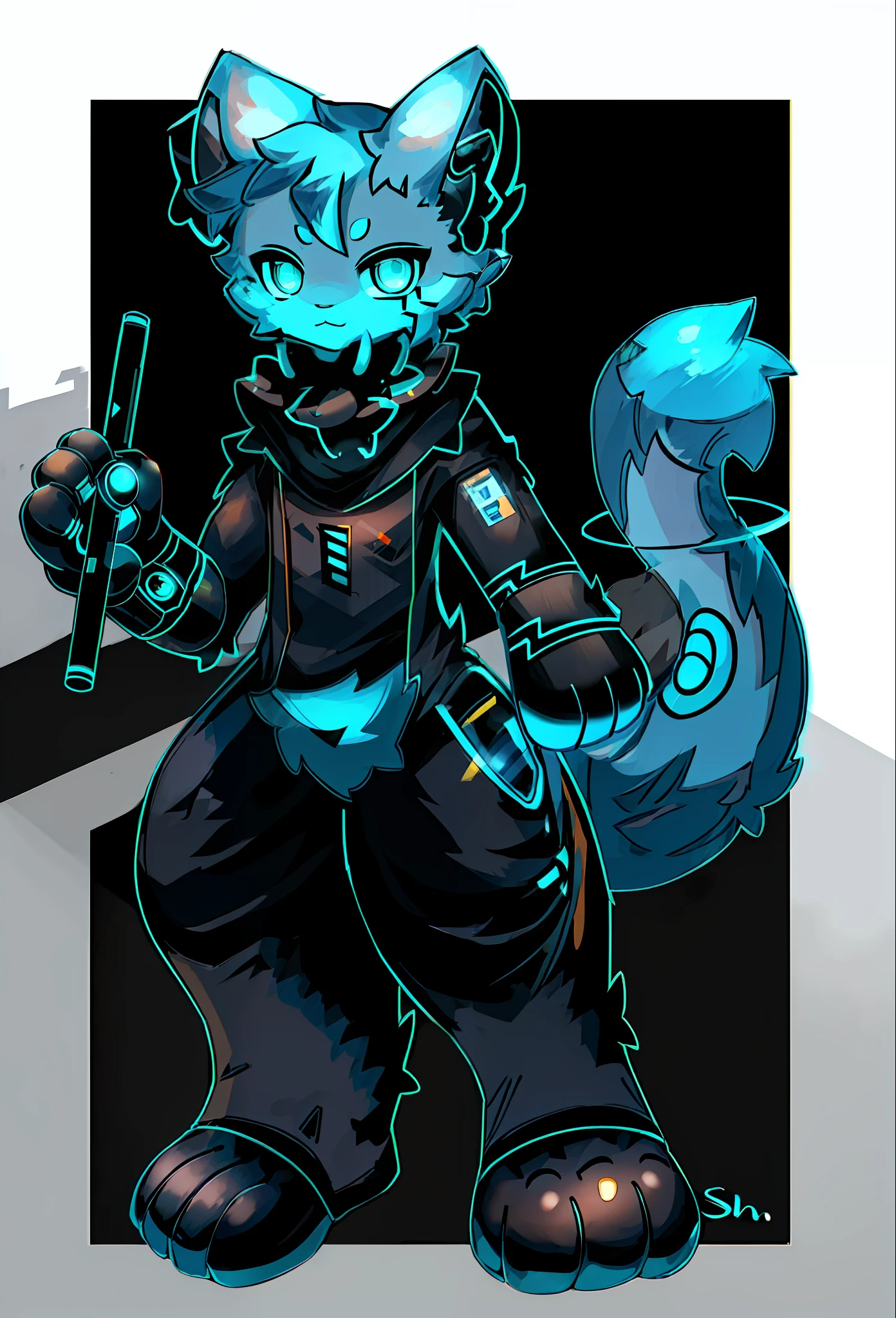 Cyber,Mechanical right eye,Mechanical left arm,half-mechanical,Blue Cat,shoun