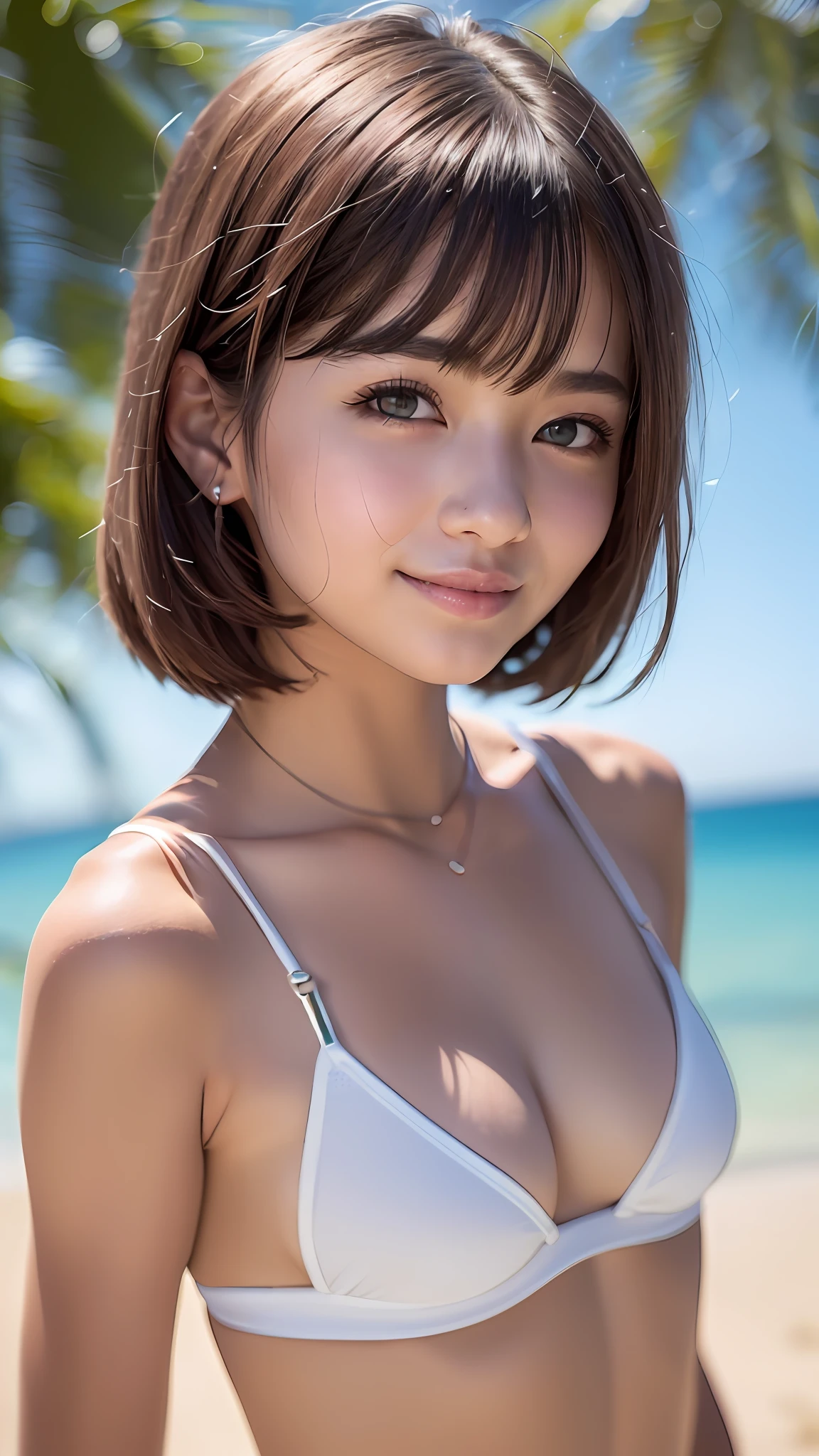 ((top-quality、Top image quality、超A high resolution))、((Raw photo、Photorealsitic:1.4))、Girl Walking On The Beach、18year old、Neat and clean beautiful girl、walking alone、独奏、((flat breast、small tits:1.3))、tthin eyebrows、cute smile face、Young models、short-cut、Round contour、tiny chest、1girl in、A charming smile、big eye、Idol、Ultra-detailed and beautiful skin、White Micro Bikini、Perfect Style、Super detailed and beautiful face