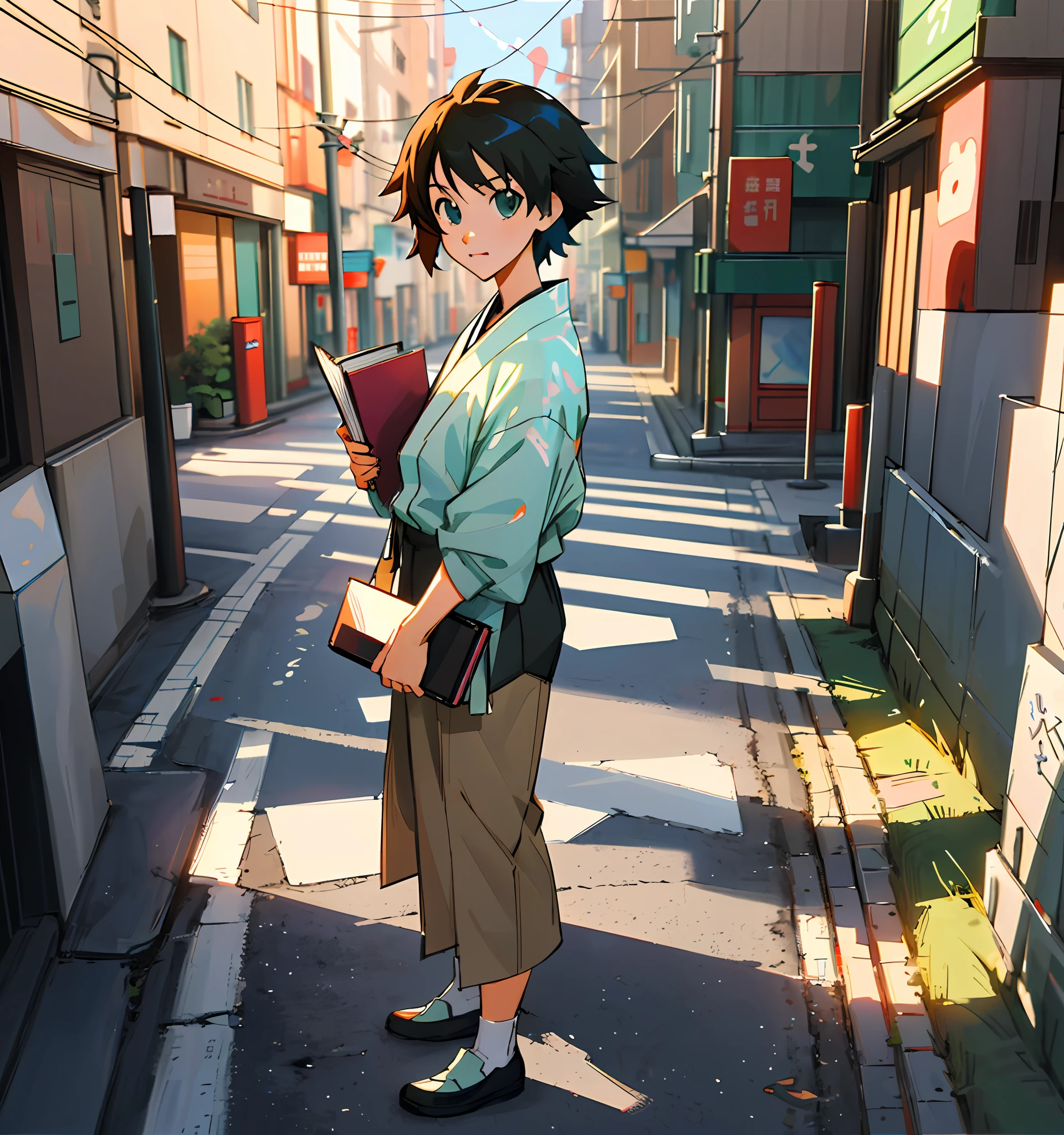 animemanga girl，Standing in the street with a book，Standing on the streets of the city，3D style+cg art，style of anime，in style of kyoto animation，Estilo de Makoto Shinkai，8K分辨率。