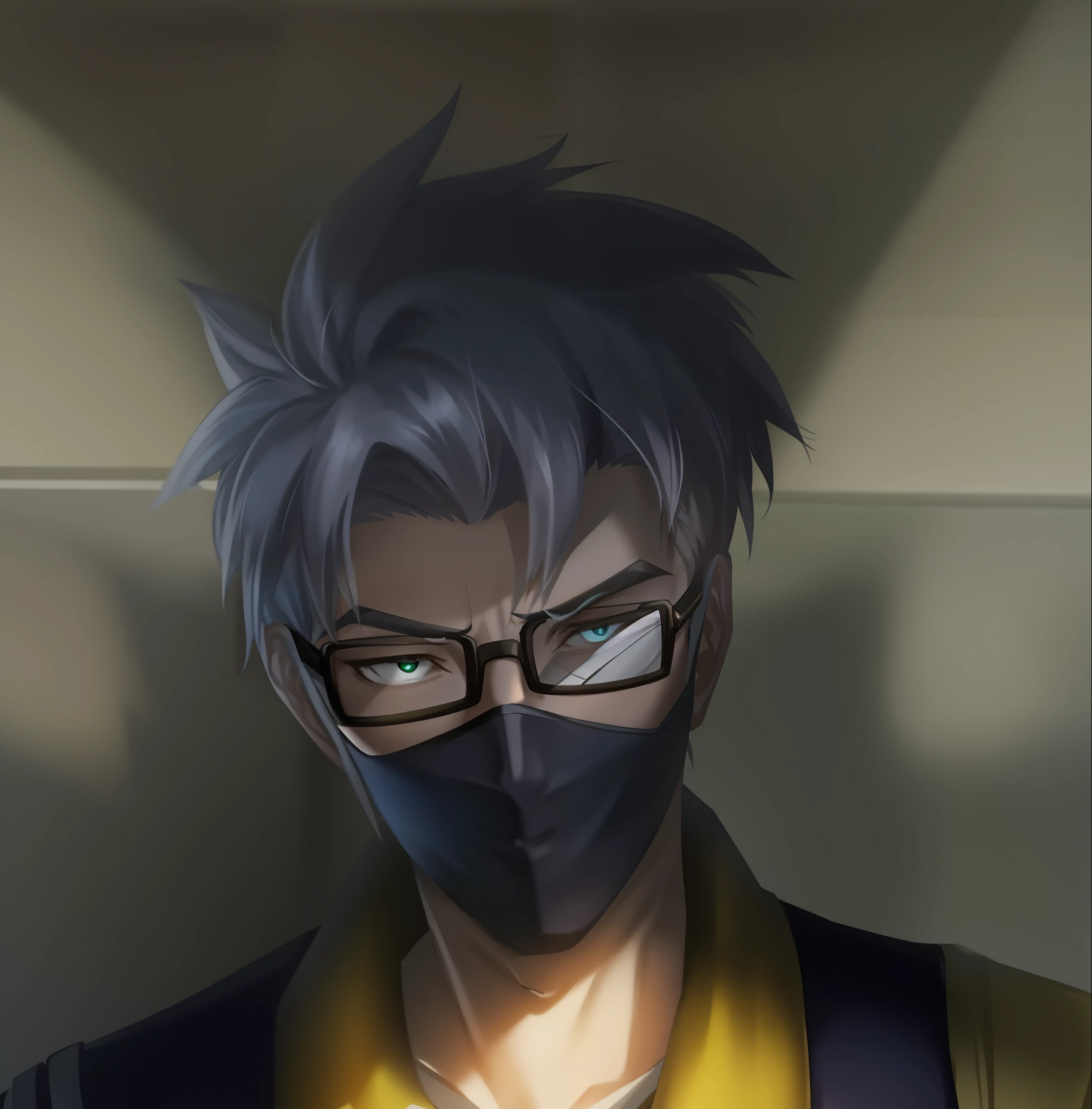 a man with glasses and a mask on his face, as an overwatch character, sigma from overwatch, as overwatch character, valorant character, from overwatch, roguish smirk, as an anime character, as a character in tekken, hajime katoki, anime character, anime style character, he wears an eyepatch, anime realism style