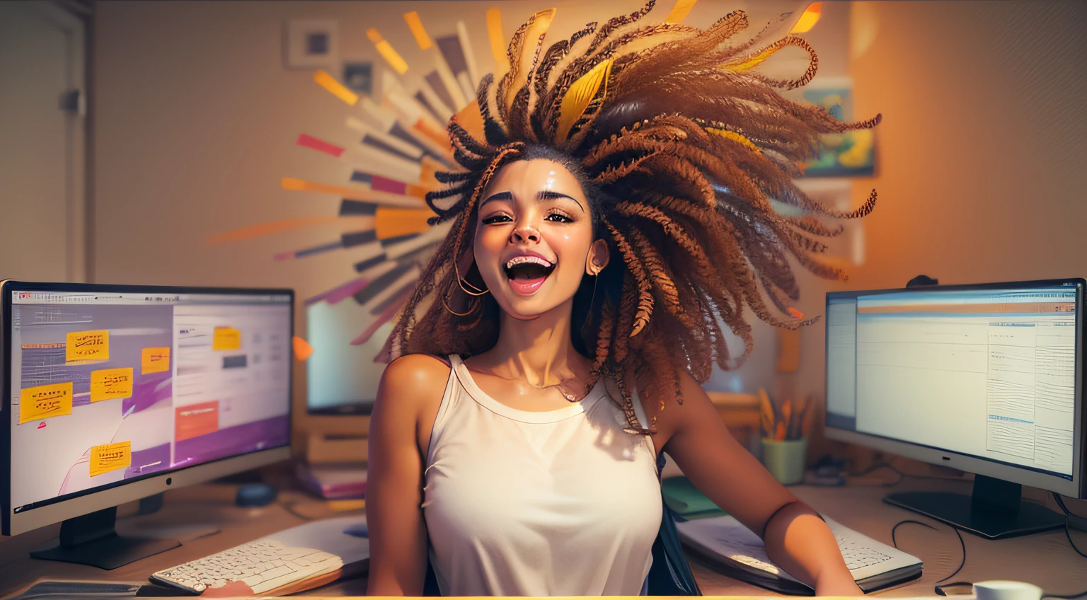 Imagine uma pessoa (mulher bonita, cabelos compridos) acessando computador. she is happy, trabalha como assistente virtual. Use cores vivas e um pouco de realismo.