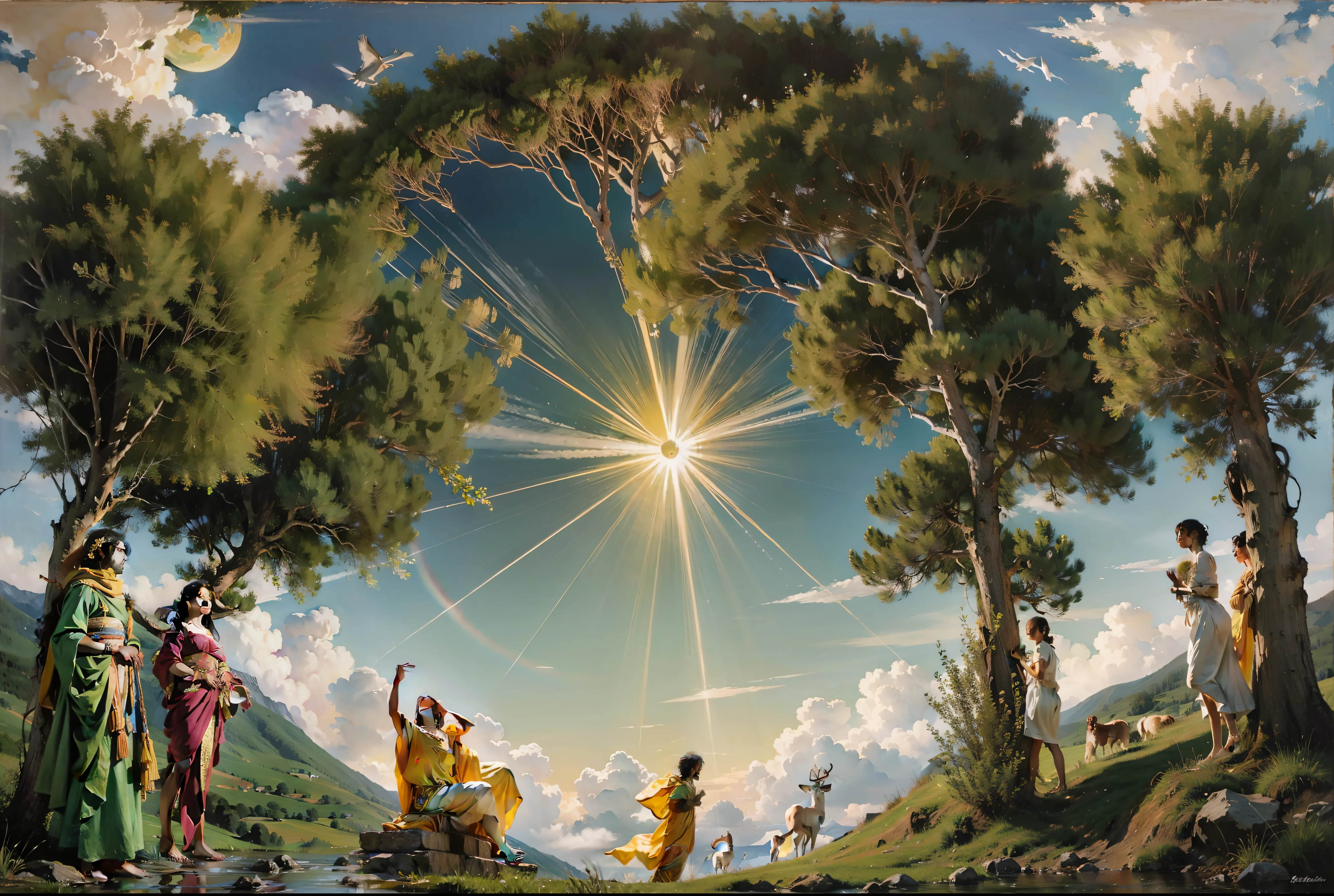 The painting must be a neoclassical representation of the creation of the world, as described in the biblical passage. A pintura deve ser mostrada de uma perspectiva elevada, with heaven and earth in the background. The sky should be blue and clear, com o sol e a lua no topo. A terra deve ser verde e exuberante, with trees, vegetation, e animais. O primeiro homem e a primeira mulher devem estar no centro da pintura, looking up at the sky. Eles devem estar nus, but should not be sexually suggestive. They should appear serene and peaceful. A pintura deve ser realista e detalhada, But it should also be beautiful and inspiring.