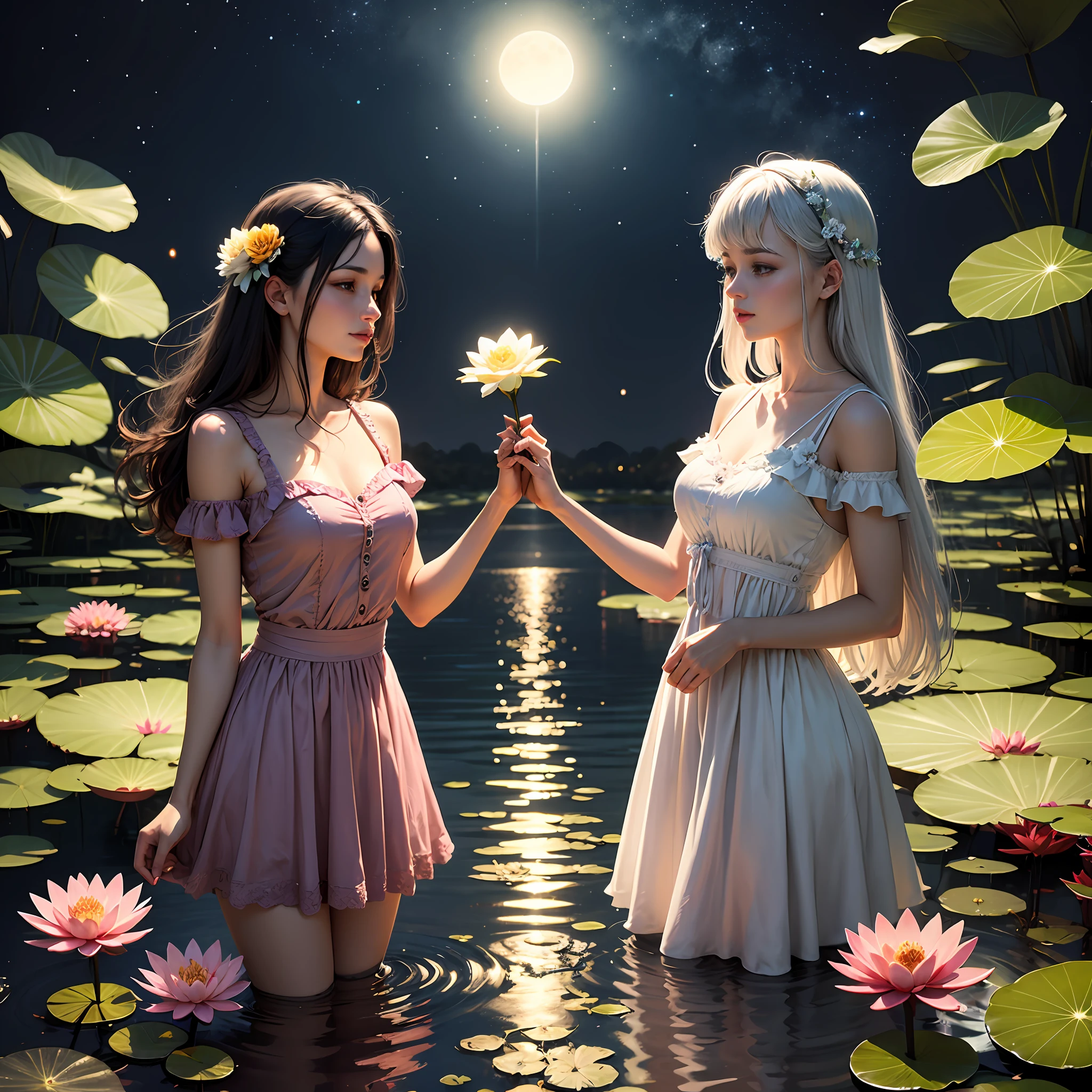 2 hand holding a bright flower, Silver sparks and water lilies. Flor prateadas. luz, brilho, estrela e lua, hands holding a bright flower --auto