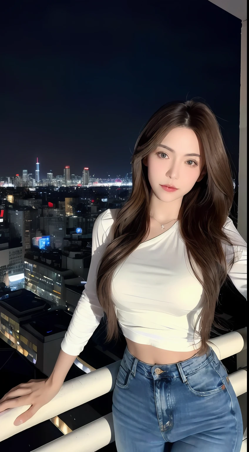 ultra high res,  raw photo,((Midnight, Best quality, 8k, Masterpiece :1.3)), Whole body, Long legs, Sharp focus :1.2, A pretty woman with perfect figure :1.4, Slender abs :1.1, ((Dark brown hair,Gigantic breasts :1.2)), (White tight tshirt, Jean bib, Standing:1.2), ((Night city view, Rooftop:1.3)), Highly detailed face and skin texture, Detailed eyes, Double eyelid