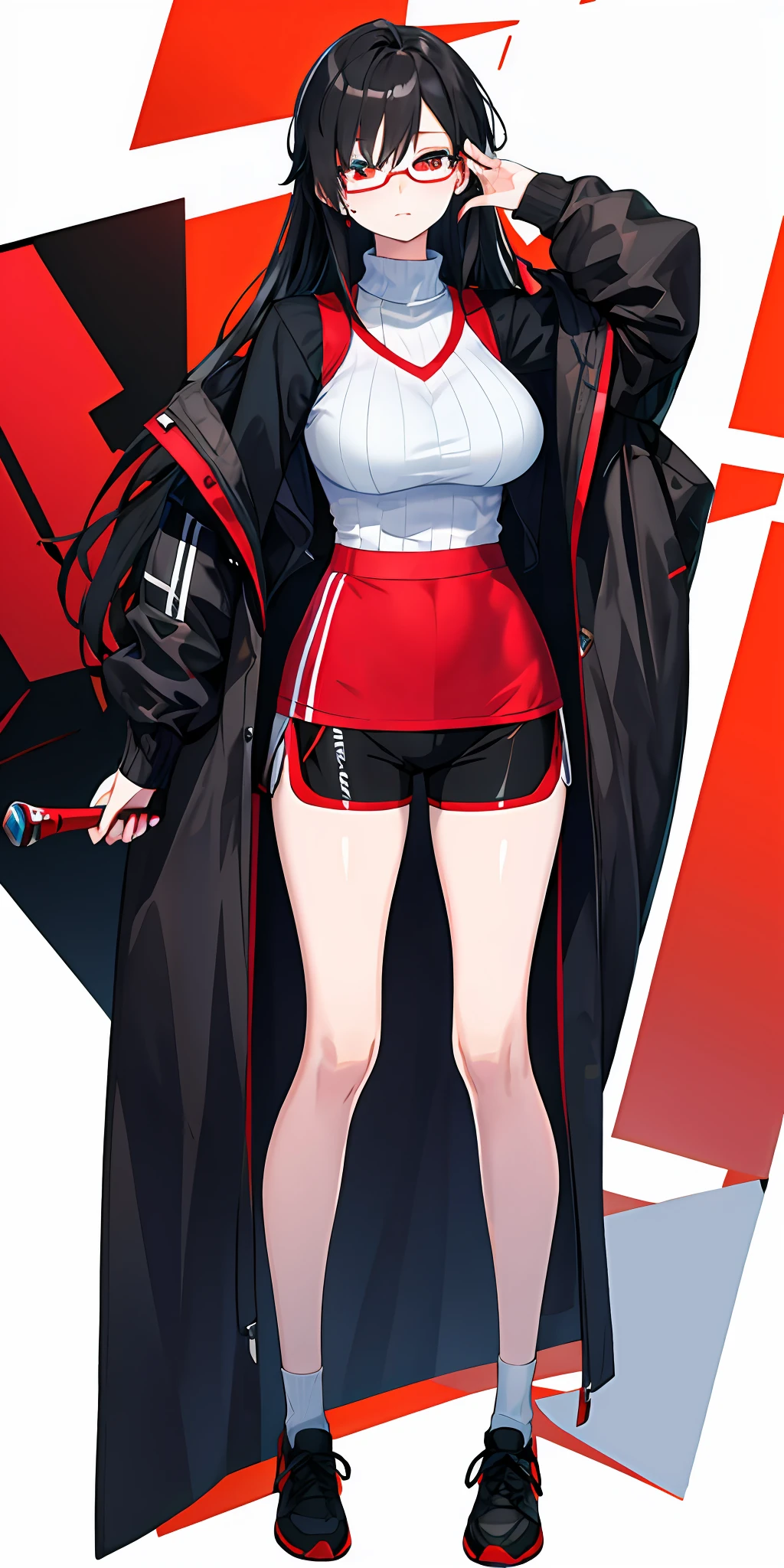 (best quality, masterpiece, 8k, HDR), 1girl,  adult, glasses with transparent glass but black handle, smooth white skin, slightly wavy long black hair, beautiful eyes with red pupils, one mole below left eye, large breasts, white sweater with no stripes, black sport shorts, smooth thighs, full body, beautiful background, posing