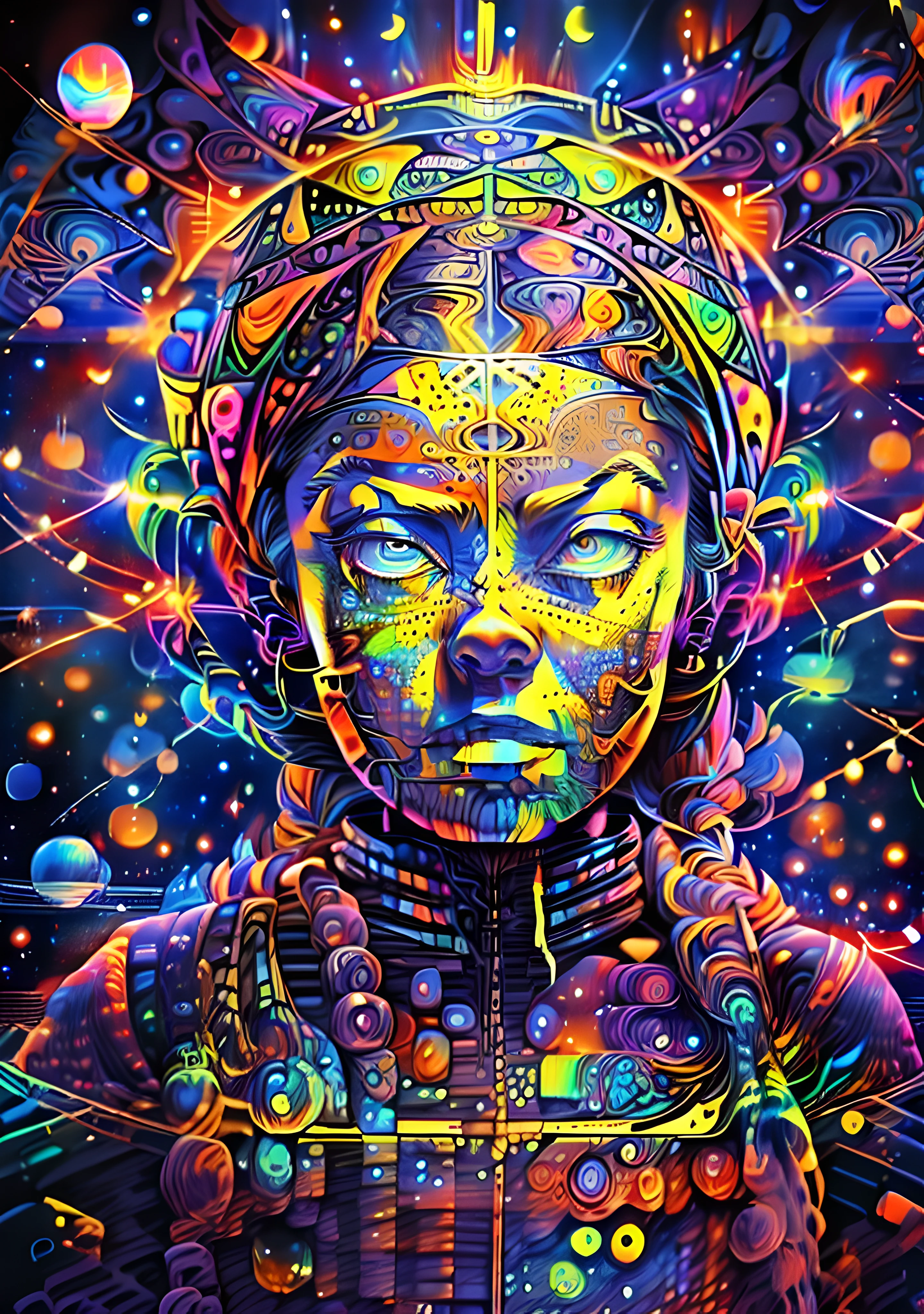 (High resolution, incredibly detailed, masterpiece), portrait of greta thunberg with angry face, featuring fractal geometry in (vibrant colors:0.8), set against a (galactic background:1.2), bringing together complex, mesmerizing shapes and patterns,dmt ,fractal art,stars and galaxies