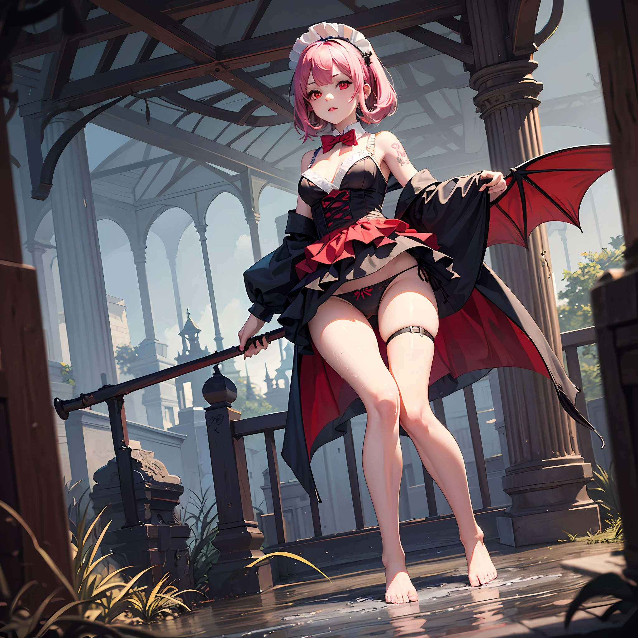 surreal), (illustration), (high resolution), (8K), (extremely detailed), (best illustration), (beautiful in detail), (best quality) , (ultra detail), (masterpiece), (background), (face detail), solo, (active pose), full body shot,1 grassland all around tombstone , bats around grassland , in the middle of the entire tomb, there is a black gate that looks very scary, the gate has a pattern of demons, bats, snakes, bats sitting on the gate, glowing red bat eyes, behind are red eyes of demons, the ground below the gate is full of mud , a girl wearing a sexy maid dress is standing in front of the gate , stepping on the mud puddle , open shoulder maid skirt , black dress mixed with white , tight skirt around 1 , chest smooth white , smooth white skin , plump breasts , shoulder length purple girl hair , red eyes girl , neck with vampire bite , open chest the girl has a small heart tattoo , pink glowing tattoo , super short maid skirt revealing her panties , striking pink panties , wet panties , watery panties , wet panties , water from the panties running down the thighs and legs , long legs , white legs , smooth white thighs , white bow tie thighs , bare feet , legs without muscles , feet stepping on mud , the girl's left hand holds a bat , her right hand holds a devil's hand , the devil's hand grasped her hand, the hand came out from the gate, --auto