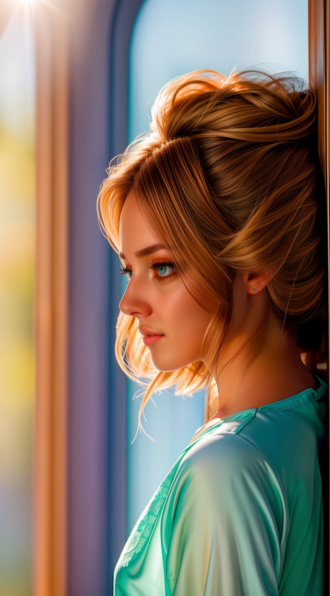 Uma linda mulher, olhando para o lado, lindos olhos, cabelos amarrados, vento soprando em suas roupas, ao fundo um castelo, intense and vivid backlighting, mistic ambient, alta qualidade, detalhes precisos, 16K