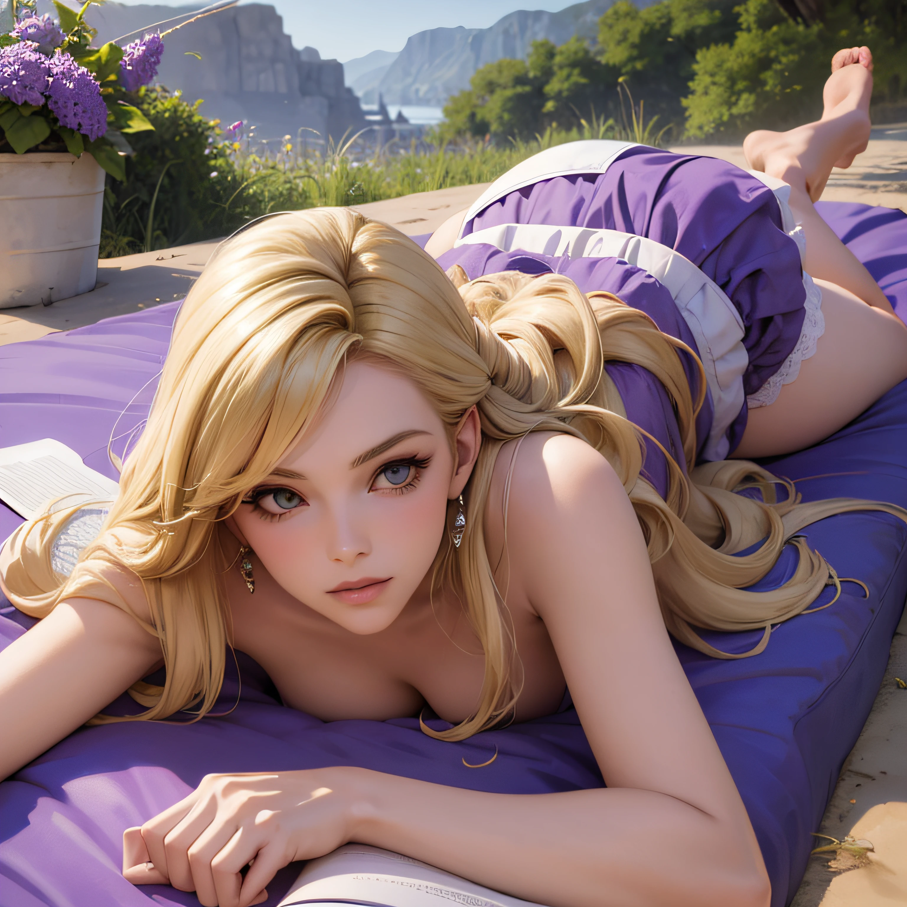 cheveux blonds, hair behind the ear, yeux violets, fille, adolescent, topless, plage, lying down, lecture, string, solitaire, award winning, Best quality, high resolucion, 8k --auto