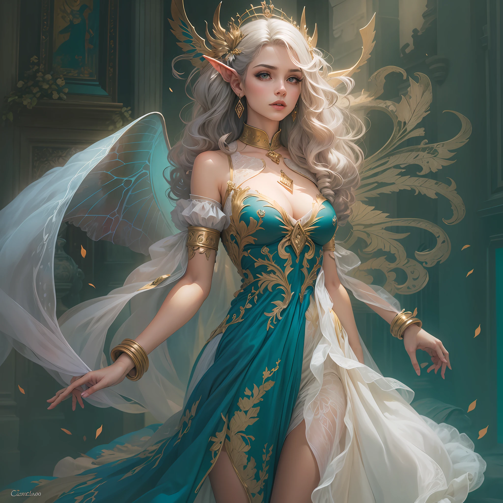 1 menina, faerie, fada, cabelo dourado, loira, vestido azul e branco, castlevania, 30 anos, vestido sensual, vestido cropped