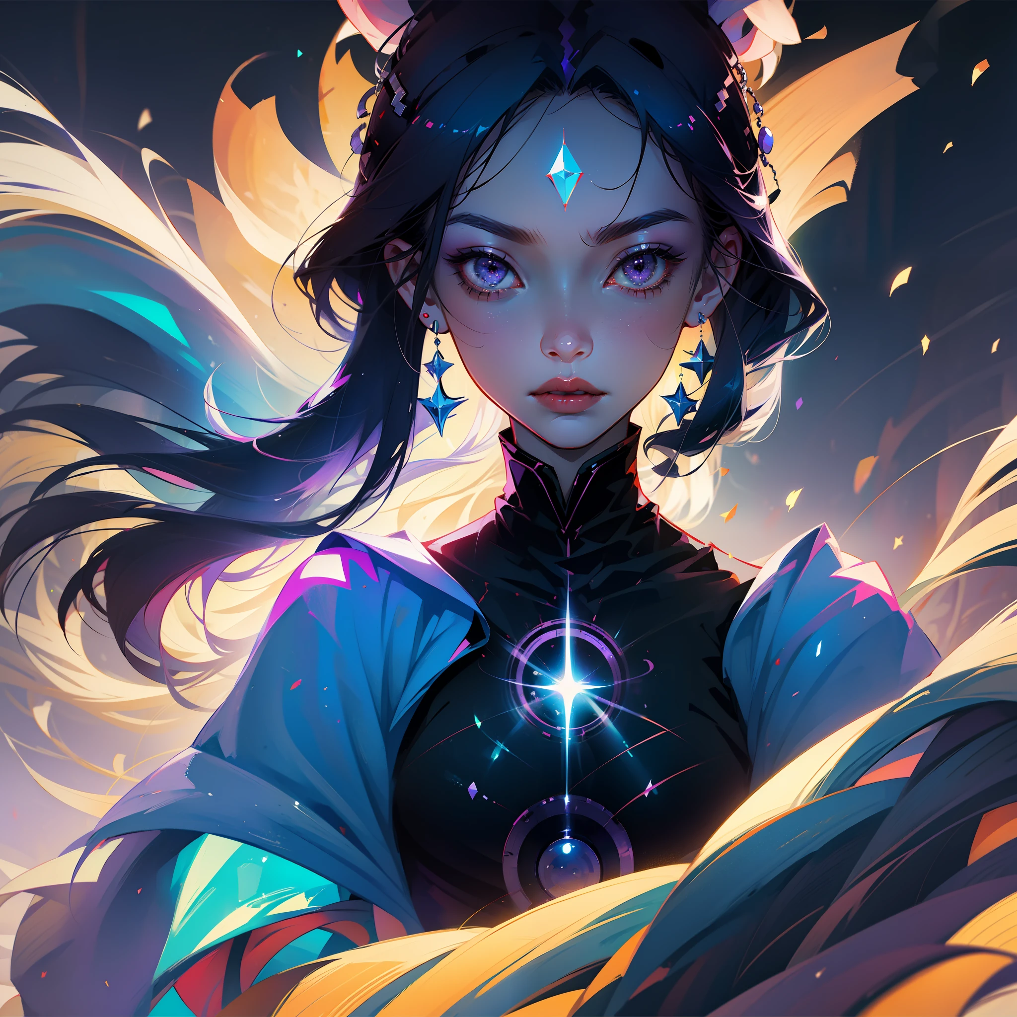 Anime girl with purple hair and purple eyes and stars on her head, Rossdraw portrait, rossdraws 1. 5, rossdraws 2. 5, :: rossdraws, wlop rossdraws, ArtStation Pixiv ArtGerm Hahahaha, rossdraws digital painting, rossdraws 2. 0, rossdraws cartoon vibrant, ArtGerm. Anime Illustration, Pixiv masterpiece::1.8 ,detaileds,light Particle,glitch effect, Geometric pattern,Symbol Particles,Pixiv masterpiece on black background::1.2 ,Game CG, anime masterpiece,2D,watercolor paiting,High contrast,Best Quality,Ultra-fine skin,Lens flare on the skin,Shiny hair,shiny eyes,clothes shiny,light Particle,