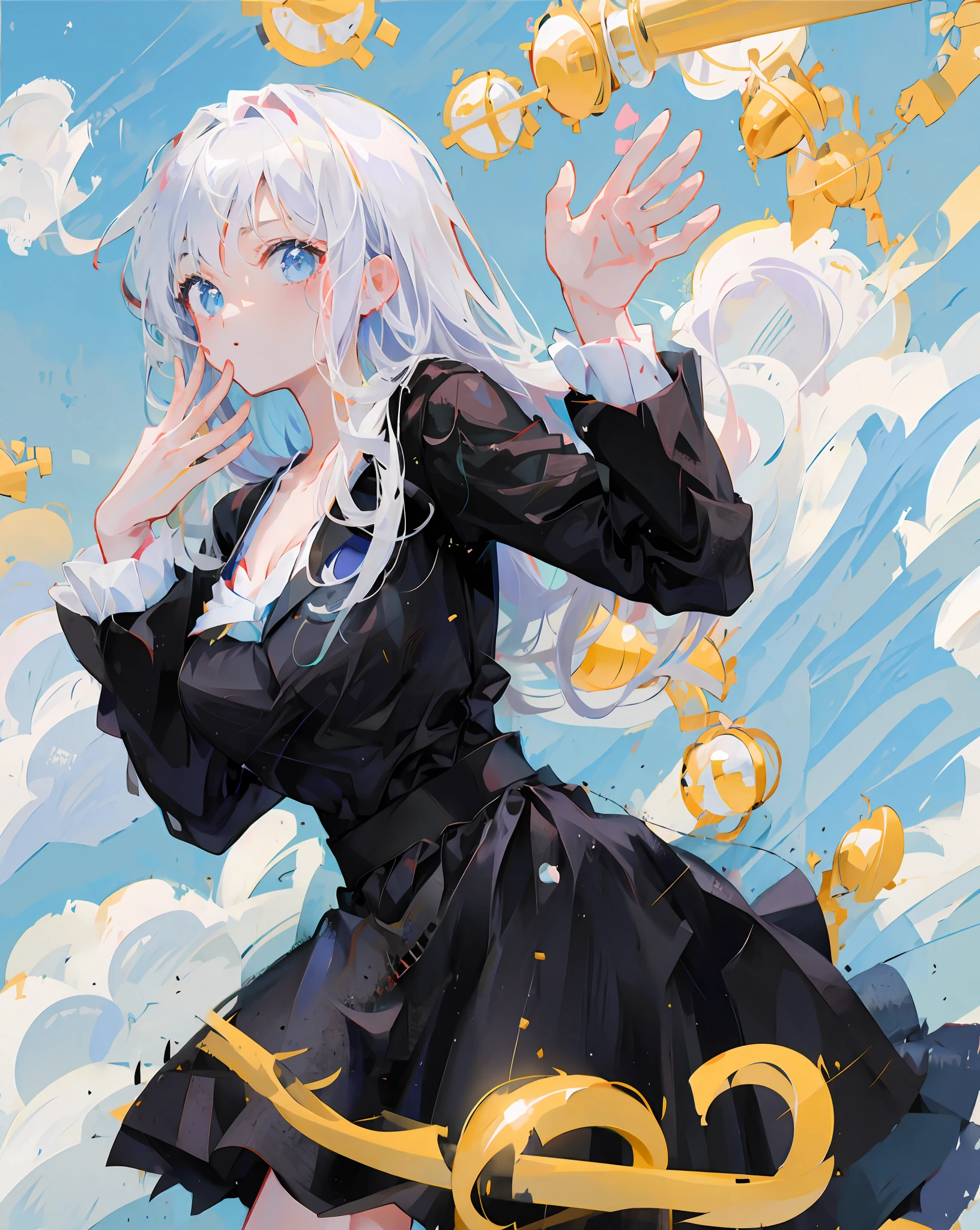 White hair anime girl on black dress and blue sky background, Anime girl wearing black dress, High Quality Anime Art Style, beautifull puffy clouds. Anime, style of anime,4 K, Anime Cloud, loli in dress