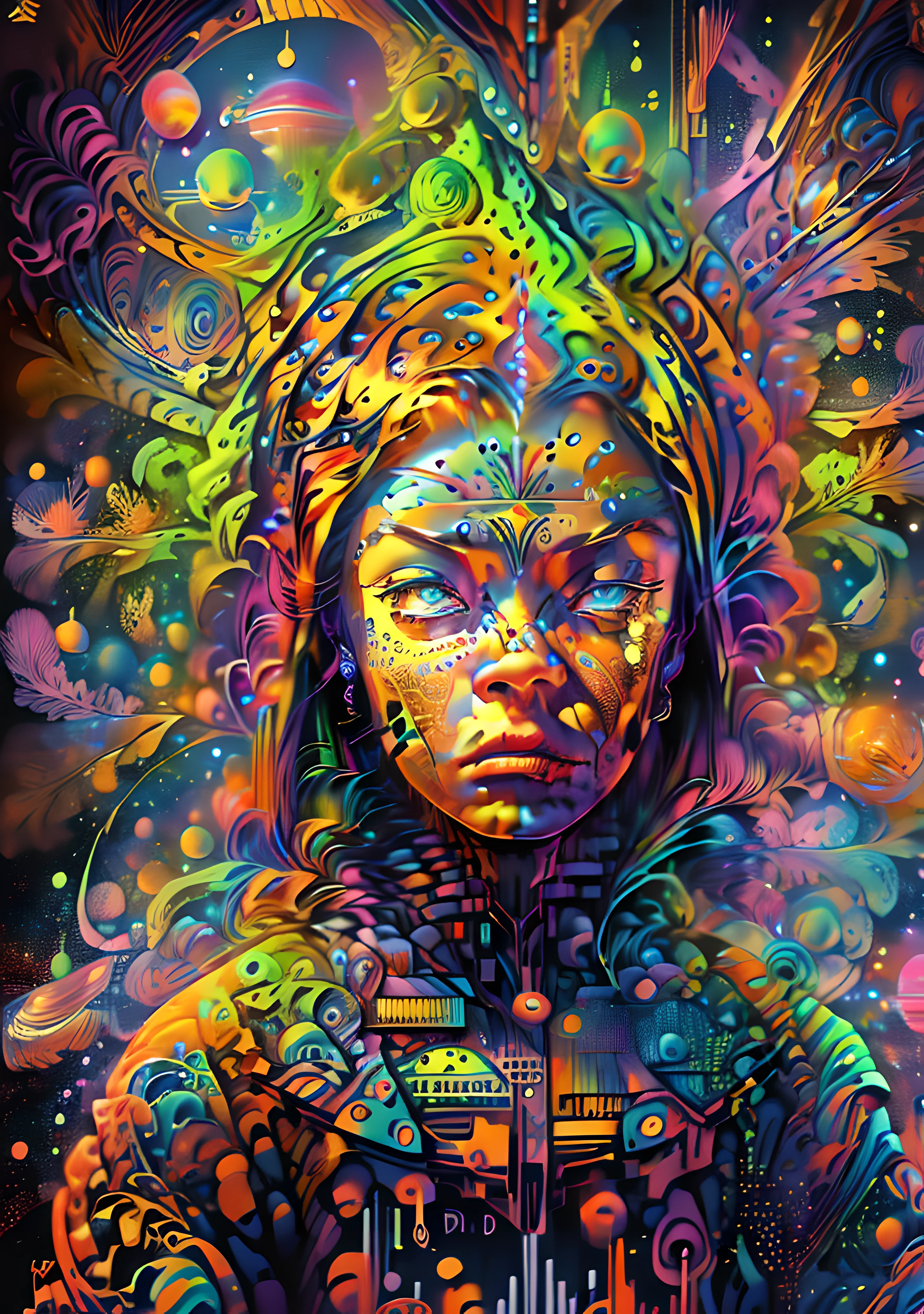 (High resolution, incredibly detailed, masterpiece), portrait of greta thunberg with angry face, featuring fractal geometry in (vibrant colors:0.8), set against a (galactic background:1.2), bringing together complex, mesmerizing shapes and patterns,dmt ,fractal art,stars and galaxies