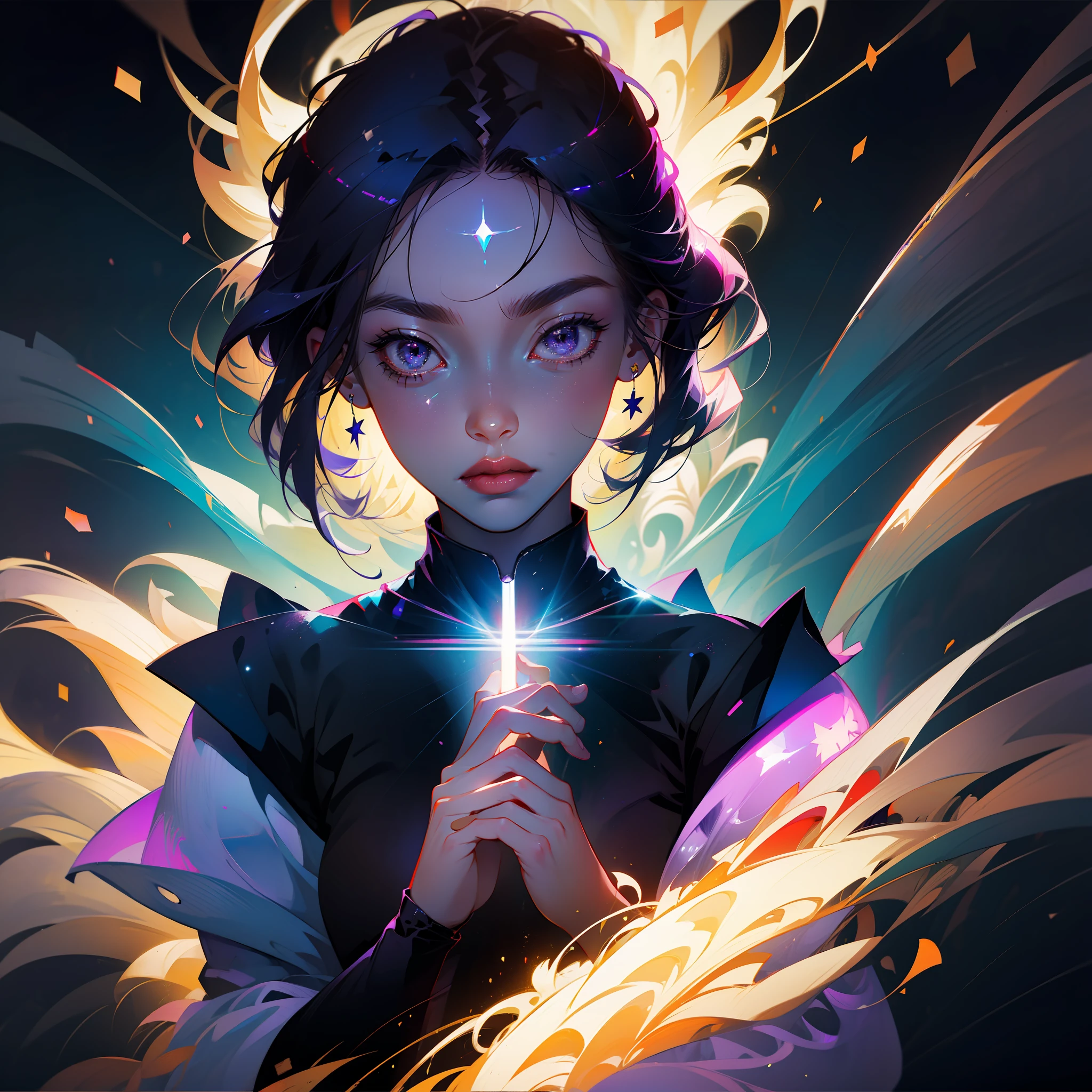 Anime girl with purple hair and purple eyes and stars on her head, Rossdraw portrait, rossdraws 1. 5, rossdraws 2. 5, :: rossdraws, wlop rossdraws, ArtStation Pixiv ArtGerm Hahahaha, rossdraws digital painting, rossdraws 2. 0, rossdraws cartoon vibrant, ArtGerm. Anime Illustration, Pixiv masterpiece::1.8 ,detaileds,light Particle,glitch effect, Geometric pattern,Symbol Particles,Pixiv masterpiece on black background::1.2 ,Game CG, anime masterpiece,2D,watercolor paiting,High contrast,Best Quality,Ultra-fine skin,Lens flare on the skin,Shiny hair,shiny eyes,clothes shiny,light Particle,