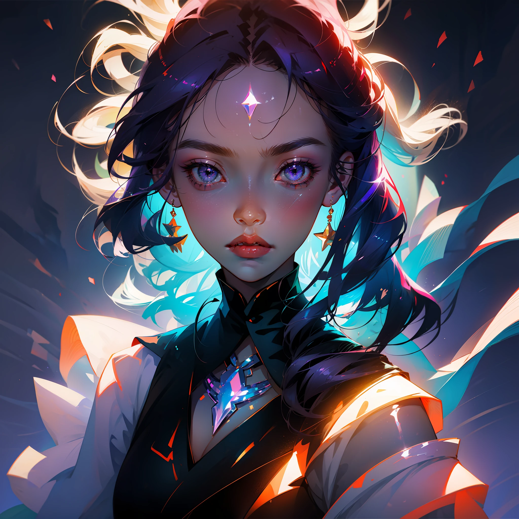 Anime girl with purple hair and purple eyes and stars on her head, Rossdraw portrait, rossdraws 1. 5, rossdraws 2. 5, :: rossdraws, wlop rossdraws, ArtStation Pixiv ArtGerm Haha, rossdraws digital painting, rossdraws 2. 0, rossdraws cartoon vibrant, ArtGerm. Anime Illustration, Pixiv masterpiece::1.8 ,detaileds,light Particle,glitch effect, Geometric pattern,Symbol Particles,A masterpiece of pixiv on black::1.2 ,Game CG, anime masterpiece,2D,watercolor paiting,High contrast,Best Quality,Ultra-fine skin,Lens flare on the skin,Shiny hair,shiny eyes,clothes shiny,light Particle,