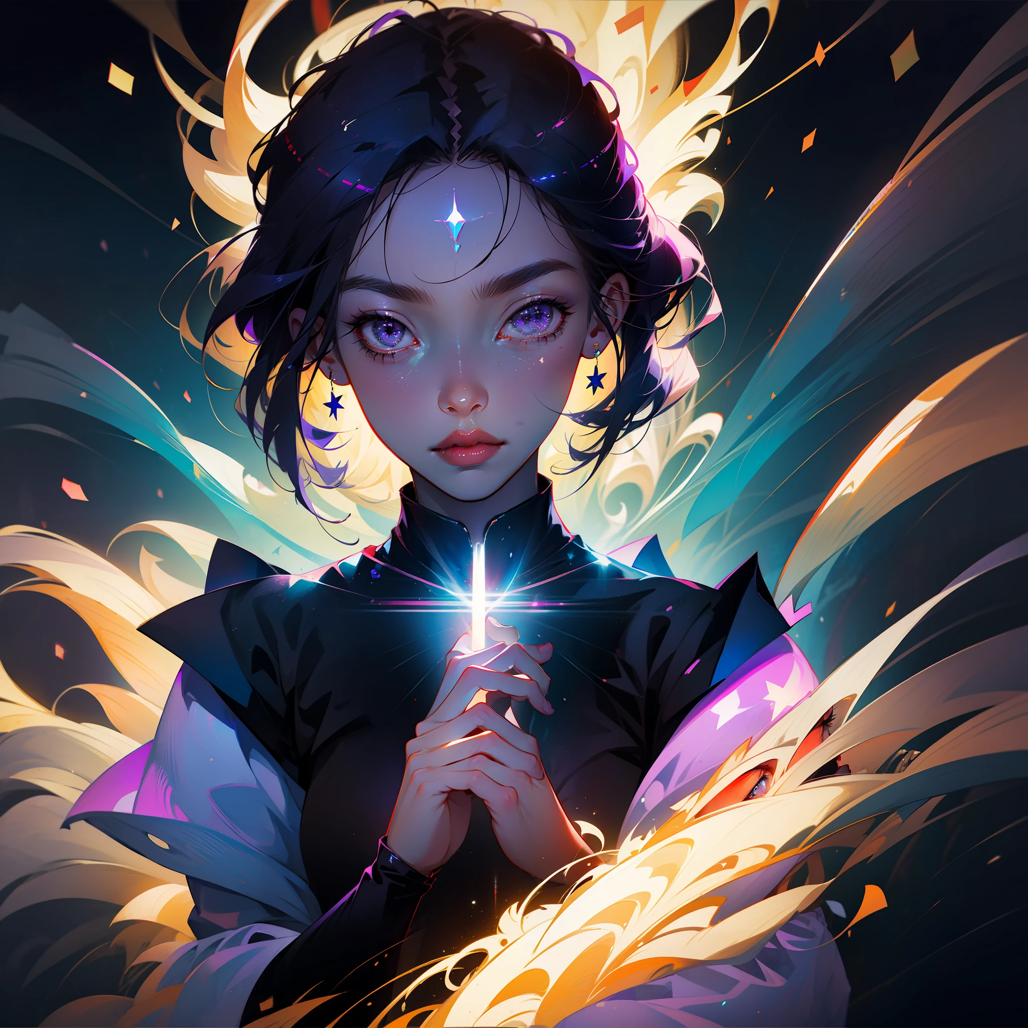 Anime girl with purple hair and purple eyes and stars on her head, Rossdraw portrait, rossdraws 1. 5, rossdraws 2. 5, :: rossdraws, wlop rossdraws, ArtStation Pixiv ArtGerm Hahahaha, rossdraws digital painting, rossdraws 2. 0, rossdraws cartoon vibrant, ArtGerm. Anime Illustration, Pixiv masterpiece::1.8 ,detaileds,light Particle,glitch effect, Geometric pattern,Symbol Particles,Pixiv masterpiece on black background::1.2 ,Game CG, anime masterpiece,2D,watercolor paiting,High contrast,Best Quality,Ultra-fine skin,Lens flare on the skin,Shiny hair,shiny eyes,clothes shiny,light Particle,
