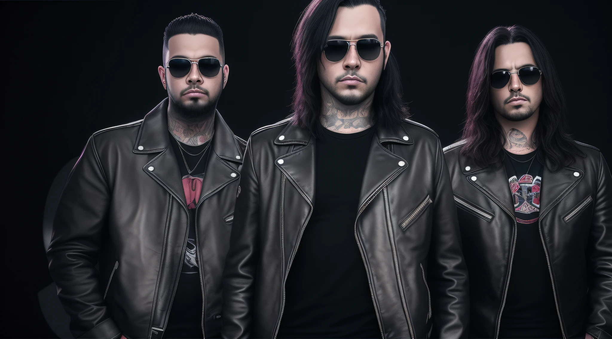 3 MENINOS LOIROS CABELOS LONGOS, in black leather jackets and sunglasses, DE MEIO CORPO, LUZES ELLOW SUAVES DE FUNDO, posando para uma foto, foto de alta qualidade, imagem de muito baixa qualidade, foto promocional de banda de rock pesado, fosforescente, promo de banda de heavy metal, Photo of a promotional session, of the highest quality, foto de guerra, a scooter ( EDM banda, vibe sinistra, the band name is roborock
