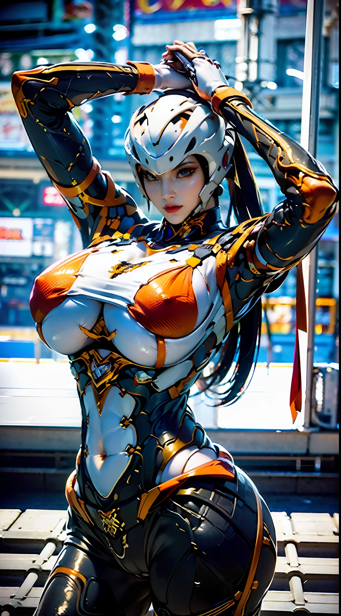 ((Unreal Engine 5)), Realistic Rendering, Excellent, lights on suit armor, helm, (Yoga Pants), looking on viewer, posing walkdown on street, beautiful face, makeup, (photorealism:1.2), ultrarealistic uhd face, (huge fake boobs:1.4), (gigantic breasts:1.1), (muscle abs), (big butt), (wide hips), (thick thighs), slim waist, hourglass figure, half body, ((glowing skin)), ((shiny skin)), Realistic body, ((she is sexy)), ((clean skin)), photorealistic, bokeh, motion blur, masterpiece, highres, 1080P, super detail, textured skin