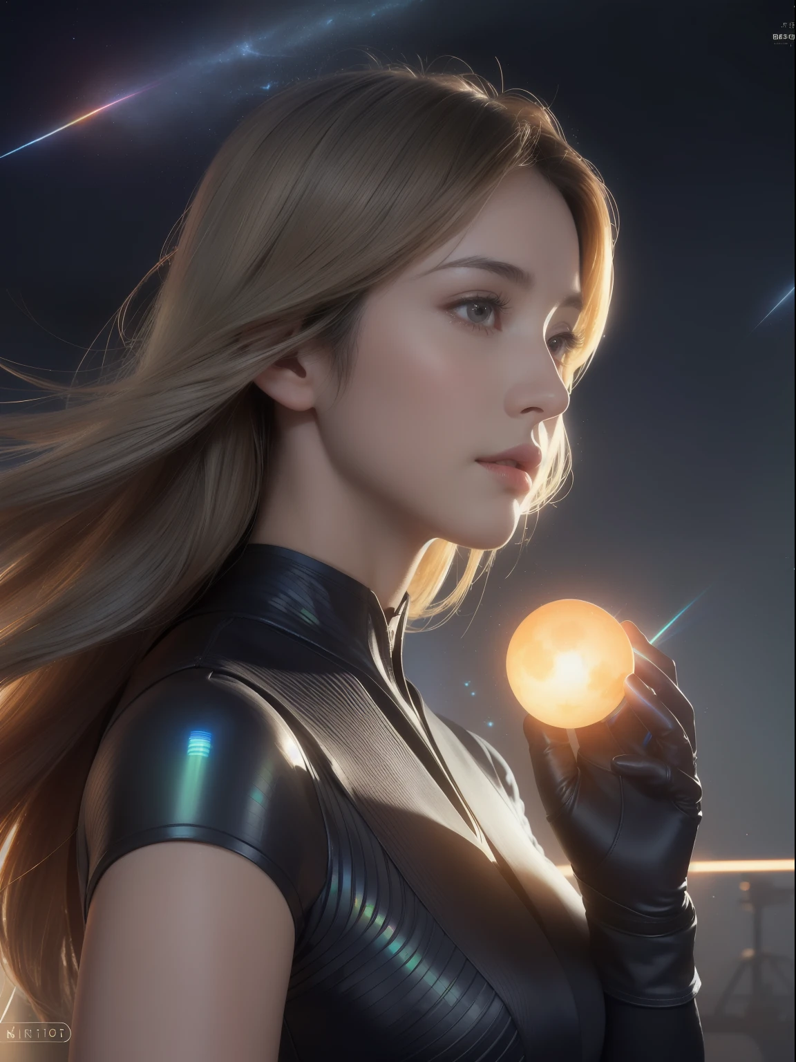 Masterpiece, Best Quality, Cinema, Official Art, Propaganda Art, Cinematic Wallpapers, Very Detailed CG Uniform 4k Wallpapers, Intricate Details, Upper Body, Facial Focus, Concept Art, Production Art, ( , highres, (realistic, photo-realistic:1.2), physically-based rendering, machinery, reflection, realistic, cyberpunk, symmetric front view close up head shot eyes symmetry face very sharp focus realistic award winning matte drawing movie lights, mecha, (Illustration: 1.1), slim, fair skin, delicate face, shine, tights, (long blonde hair), Japanese shrine costume, green eyes, battlefield, chip, shine, vast landscape photo, (from below, starry sky above, open field below), a girl standing on a flower field looking up, (string moon: 1.2), (meteor: 0.9), (nebula: 1.3), tree BREAK making art, (Warm light source: 1.2), (Firefly: 1.2), lamps, lots of purple and orange, intricate details, volumetric lighting, realism BREAK (Masterpiece: 1.2), (Best Quality), 4K, Ultra-Detailed, (Dynamic Composition: 1.4), Very Detailed, Rich in Detail, (Iridescent Colors: 1.2), (Glowing, Atmospheric Illumination), Dreamy, Fantastic, (Solo: 1.2) Gray Hair, Long Flowing Hair, Strong Wind, Orange Eyes, Shiny Eyes, Large, Face, Chest and Thighs Raw, Visible. photorealistic real, portfolio, fine LED,beautifully decorated, beautiful relief, small parts polymerization, metal cylinder, detailed neon, fine LED, fine parts, gear, gauge, pressure gauge, steam