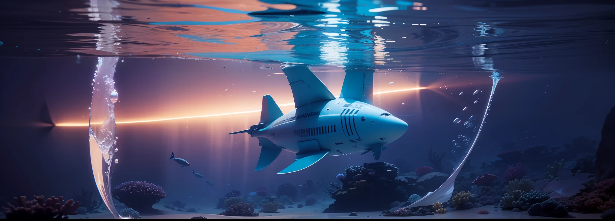 （Ultra-wide-angle top-down lens：1.4），（（best qualtiy））， （（tmasterpiece））， （A detailed：1.4），（Under the water：1.4），Enhanced dynamic perspective，（Huge underwater base：1.3），（（sci-fy）），（（Various underwater vehicles：1.2）），Bright colors，high qulity，super-fine，Detailed pubic hair，Accurate，Cinematic lighting，Ray traching，Hyper-Resolution，
