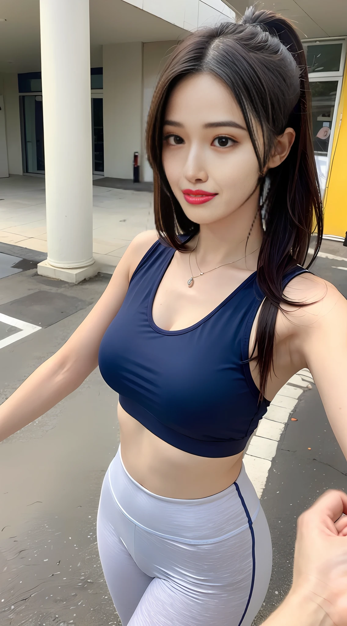 ((top-quality、8K、masterpiece:1.3))、Tall and beautiful woman、Perfect figure:1.4、Slender Abs、Dark brown hairstyle、shorth hair、Light gray yoga pants、No postural movement、Stand up straight、huge bust、Highly detailed facial and skin texture、A detailed eye、二重まぶた、Face with a cold、A royal sister full of fans、full body Esbian、Peach butt、Small Sports Bra、squatt、(Raw foto:1.2)、((Photorealsitic:1.4))top-quality、masterpiece、illustratio、extremely delicate and beautiful、extremely details CG、Unity、8K Picture Wallpaper、finely detail、best qualtiy、Highly detailed CG Unity 8k wallpaper、absurderes、incredibly absurdness、huge filesize、ultra-detailliert、hight resolution、ighly detailed、a beautiful detailed girl、extremely detailed eye and face、beatiful detailed eyes、Facial light、电影灯光、1girl in、see -through,Look at viewers,plein air,Sunny and cheerful、High Ponytail、Sporty girl、ulzzang-6500、full body Esbian、yoga clothes、Sportsgirl
