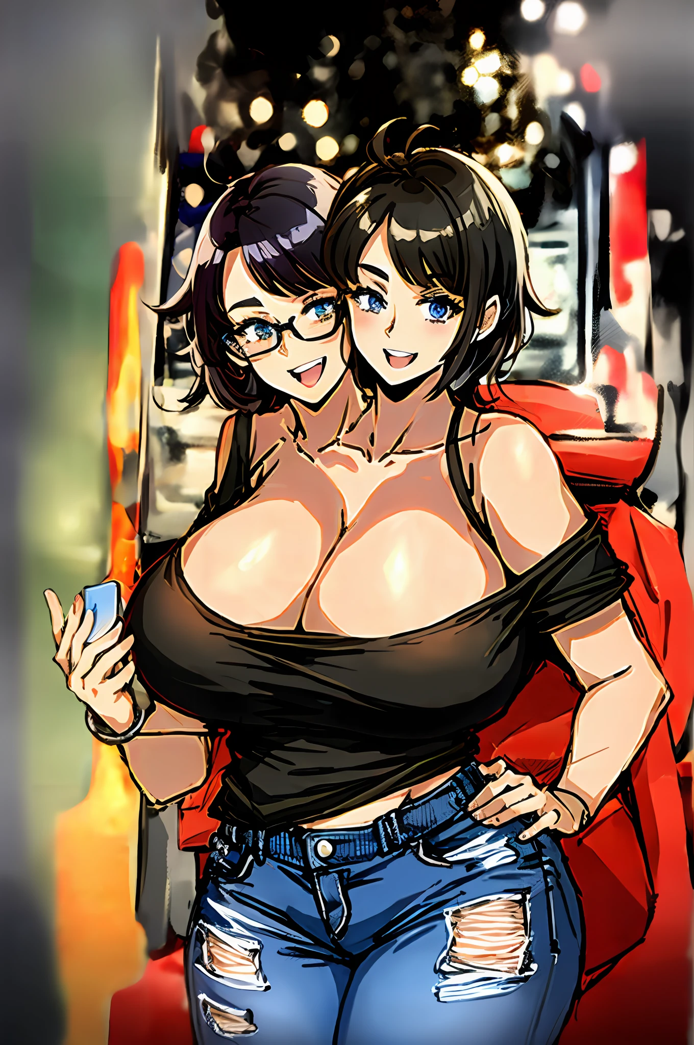 2heads, a short chubby woman with 2 heads. She has enormous breasts. She has messy hair. She looks nerdy. She is wearing a baggy hoodie and jeans. She is in an arcade that is only lit by arcade games. She looks excited. Her breasts are gigantic. She has firm and round breasts. She is wearing a very tight t-shirt with a low-cut neckline.