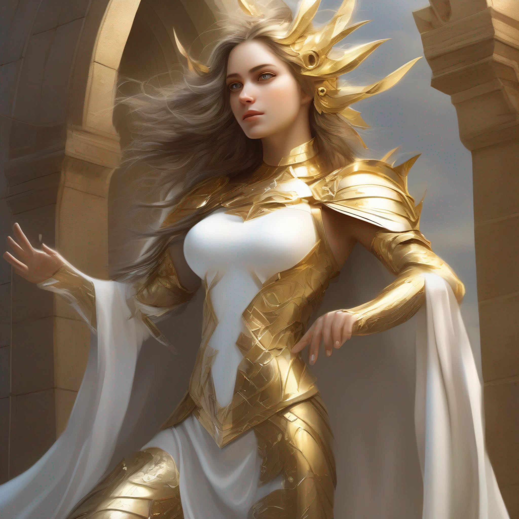 (((obra-prima))), melhor qualidade, ultra detalhado, incredibly delicate and beautiful illustration, estilo CG extremamente detalhado, dynamic perspective, dinamic pose, garota elfa loira, olhos azuis, armadura de paladino dourado, asas de fada nas costas, segurando um sabre branco na cintura e um cajado, imagem 8k, detalhes superiores.