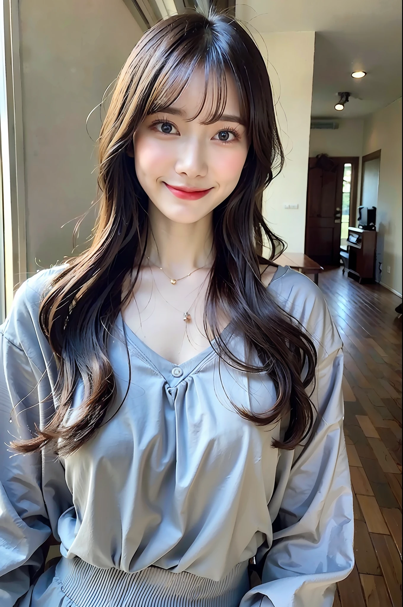 ((top-quality、8k、masterpiece:1.3))、1girl in、Pretty woman with accentuated slender abs:1.3、(random hair styles)、dressed casually:1.2、inside the house、hyperdetailed face、A detailed eye、二重まぶた、Emphasis on the chest