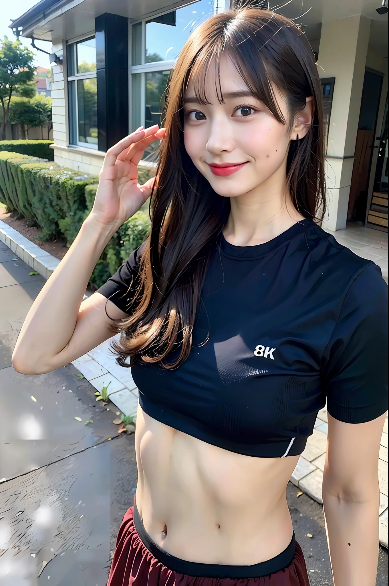 ((top-quality、8k、​masterpiece:1.3))、1girl in、Pretty woman with accentuated slender abs:1.3、(random hair styles)、dressed casually:1.2、outside of house、hyperdetailed face、A detailed eye、二重まぶた、swim wears