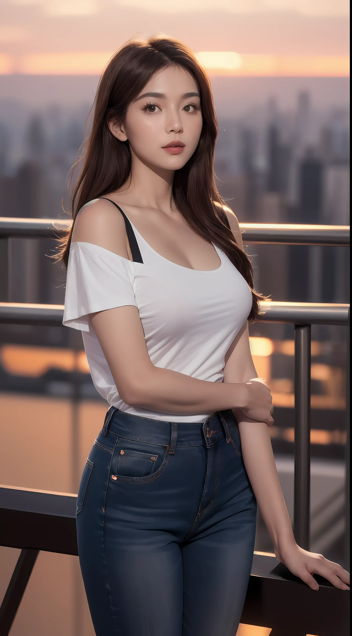 ((Midnight, Best quality, 8k, Masterpiece :1.3)), Whole body, Long legs, Sharp focus :1.2, A pretty woman with perfect figure :1.4, Slender abs :1.1, ((Dark brown hair, Big breasts :1.2)), (White tight tshirt, Jean bib, Standing:1.2), ((Night city view, Rooftop:1.3)), Highly detailed face and skin texture, Detailed eyes, Double eyelid, sunset, darken, backlit, off shoulder