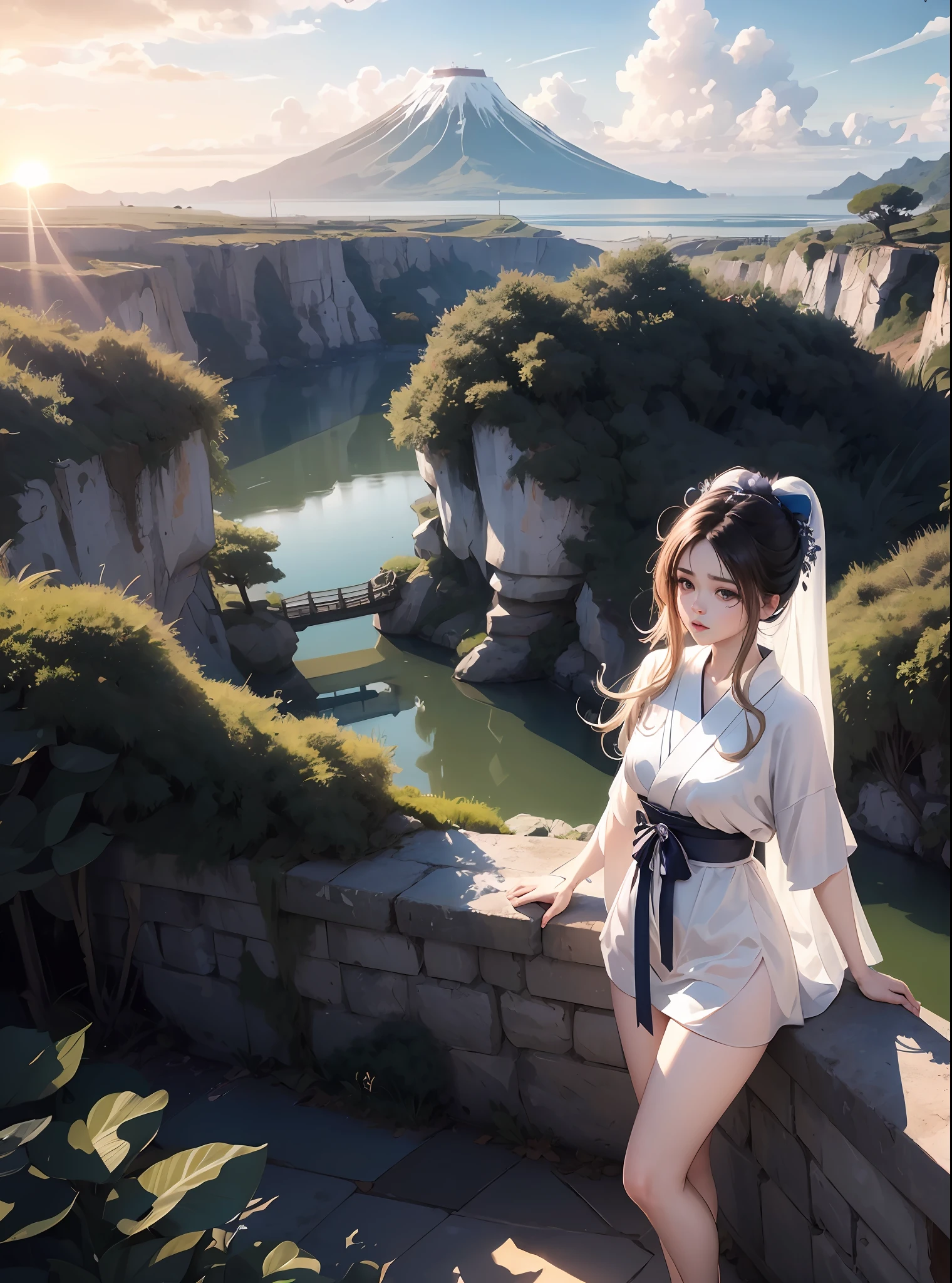 Uma mulher olhando a paisagem, fundo unreal, fundo natureza, fundo ultrarealista, mulher ultrarealista, mulher calelos longos, loiros, olhos bem definidos , ultrarealista, paisagem japonesa por do sol, --auto