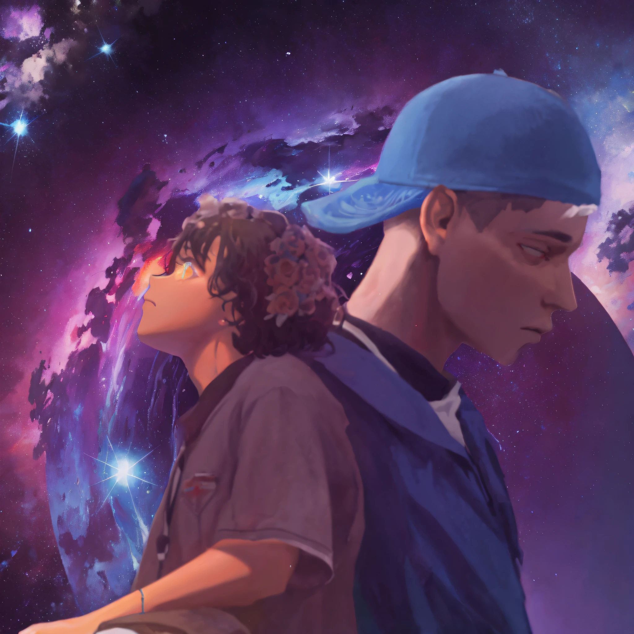 dois homens de costas um para o outro e um planeta, sem rosto, Hip Hop Lofi, Arte Oficial, Fanart oficial, animated film, Beeple e James Jean, videoclipe, official illustration, Elogio Artstyle, Cyril Rolando e Goro Fujita, Arte Promocional, arte de fundo, love death and robots, Nenhum estilo de Cyril Rolando --auto