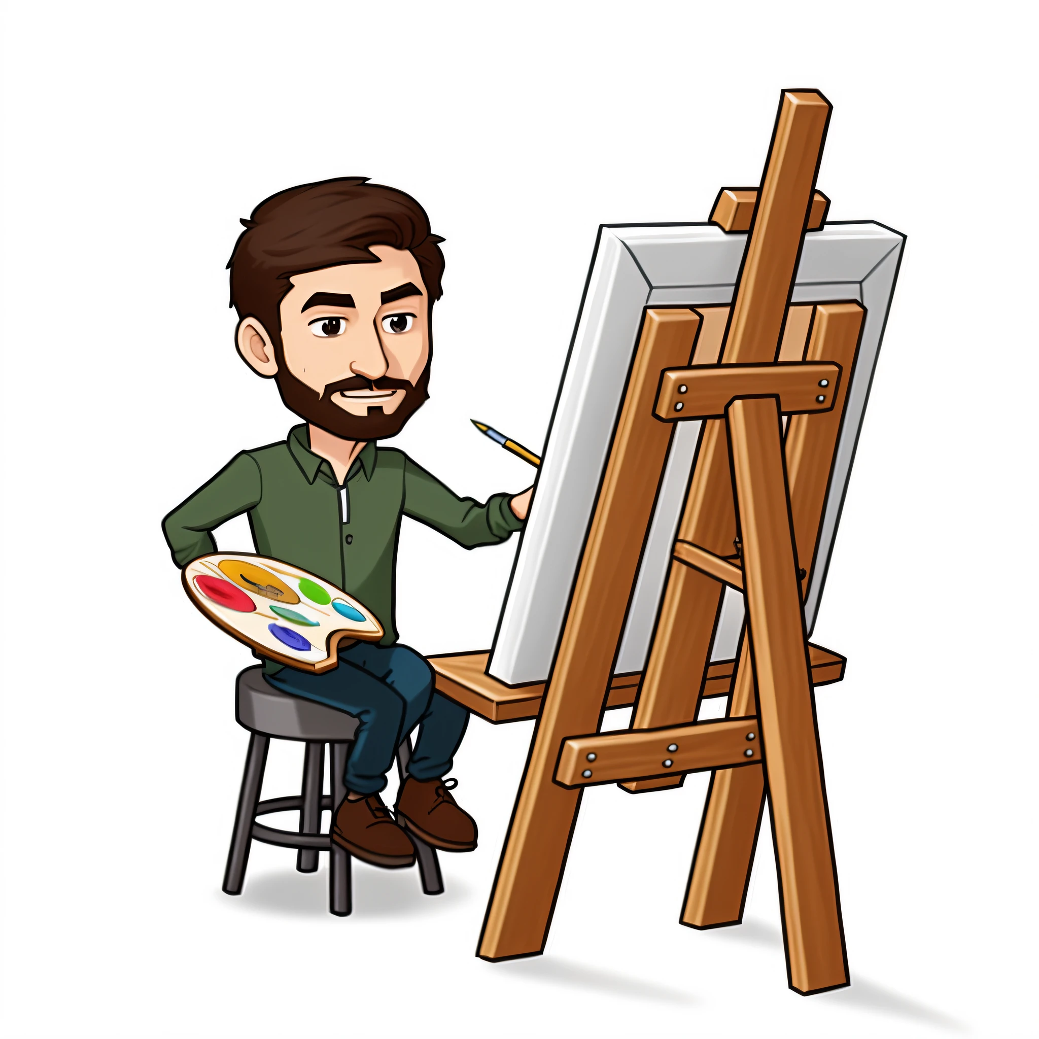 a man of cartoon, anime, realistic animation style, sitting at a table with a brush and easel, cartoon art style, matte painting, digital art cartoon, digital cartoon painting art, digital cartoon painting, solo portrait 🎨🖌️, an epic painting by an artist, (art station), digital cartoon art, It's on an easel, commission art, cartoon art, he's an artist