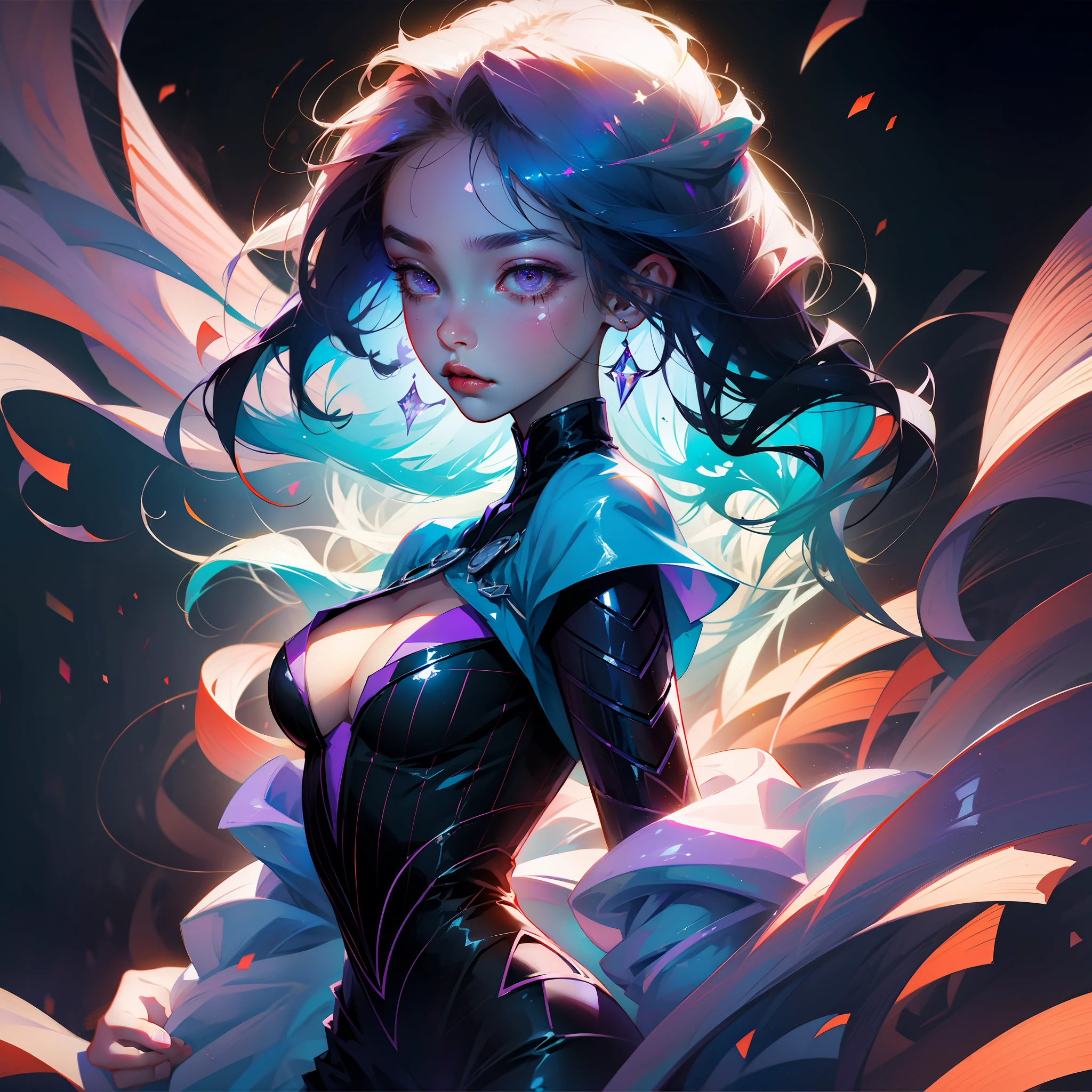 Anime girl with purple hair and purple eyes and stars on her head, Rossdraw portrait, rossdraws 1. 5, rossdraws 2. 5, :: rossdraws, wlop rossdraws, ArtStation Pixiv ArtGerm Haha, rossdraws digital painting, rossdraws 2. 0, rossdraws cartoon vibrant, ArtGerm. Anime Illustration, Pixiv masterpiece::1.8 ,detaileds,light Particle,glitch effect, Geometric pattern,Symbol Particles,A masterpiece of pixiv on black::1.2 ,Game CG, anime masterpiece,2D,watercolor paiting,High contrast,Best Quality,Ultra-fine skin,Lens flare on the skin,Shiny hair,shiny eyes,clothes shiny,light Particle,