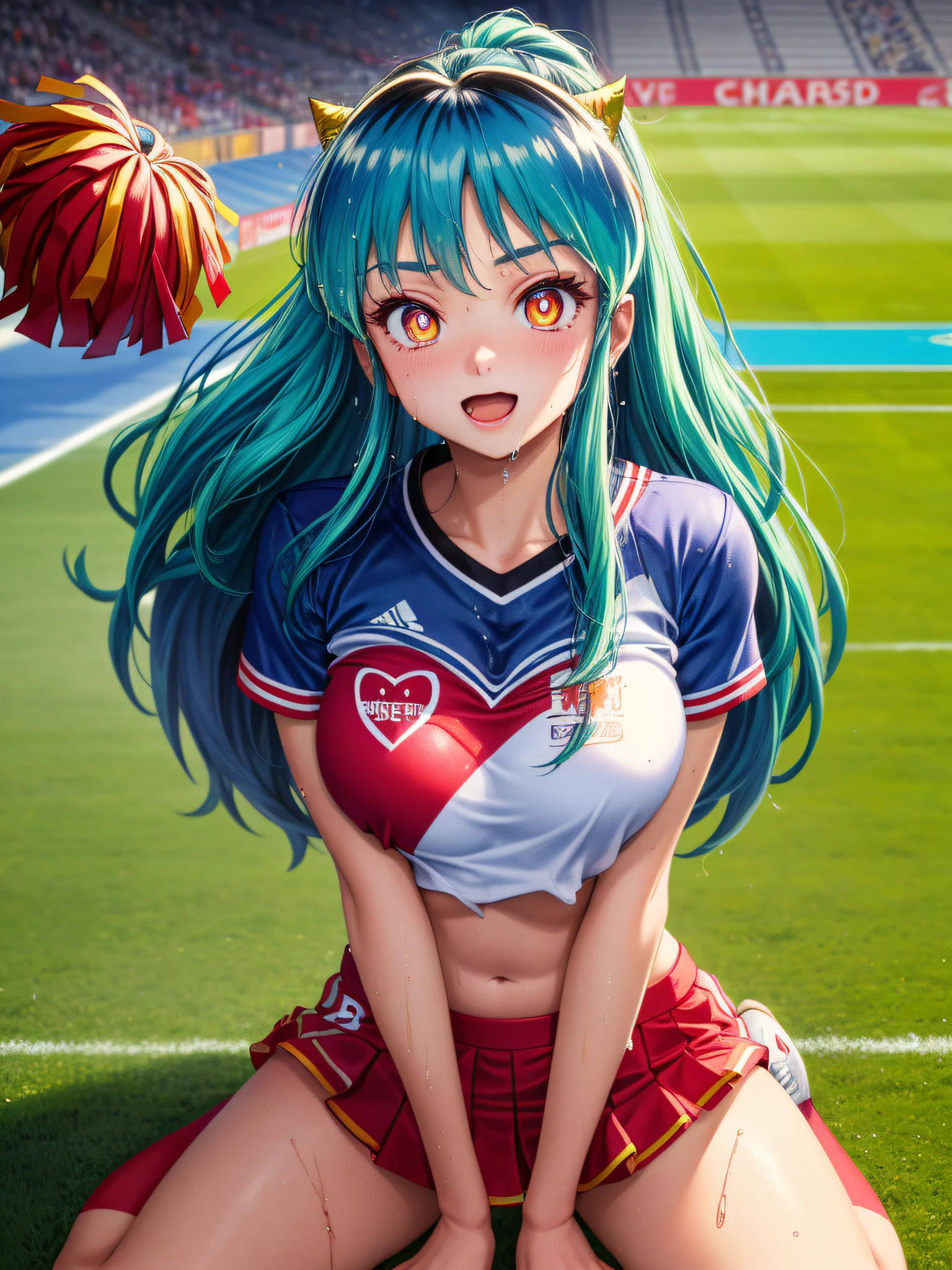 lum invader, detailed, anime,(red: 1.2), (Ripped clothes: 1.5) (cheerleader uniform: 1.2), masterpiece, best quality, open mouth, fang, ultra-detailed, yellow eyes, Pretty eyes, Detailed face, Pretty girl, Big chest, Blushing, (Wet: 1.2), breasts, areola slip, (missionary position:1.2), (nipple: 1.2), (on a soccer field full of people: 1.2), (heart shaped pupils: 1.5)