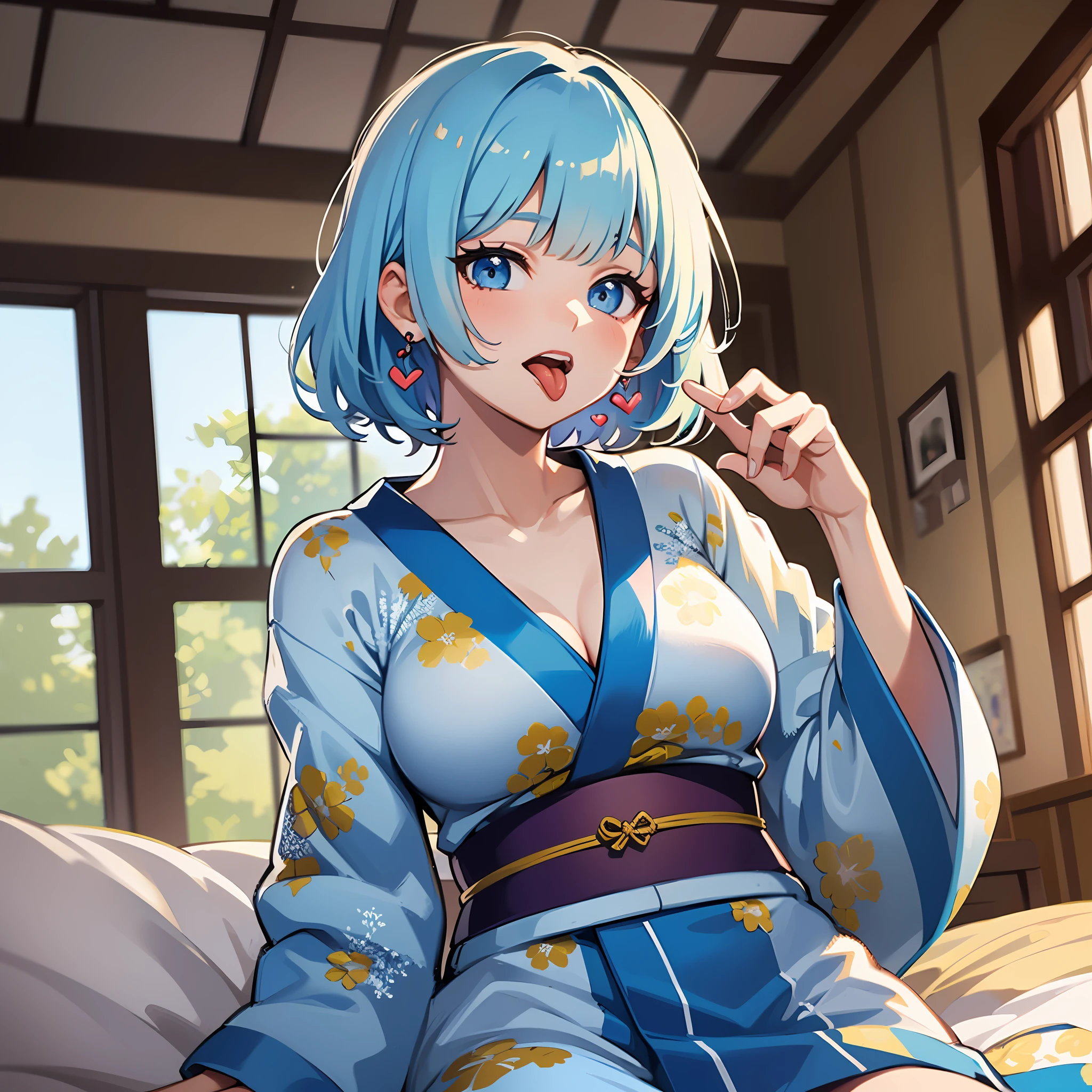 (masterpiece:1.3), (best quality:1.3), high resolution, 


couboy shot, 
breast squeeze, body facing forward, 

(one cute girl:1.3), solo, 
white skin, small Breast, eight-headed person, 
light blue hair, (bobbed hair:1.2), short hair, (blunt bangs:1.2), beautiful hair, blue eyes, beautiful detailed eyes, 

(tongue out:1.3), heart, 

relaxed clothes, yukata, earrings, 

indoors, white room, bed, 

shadowlighting,