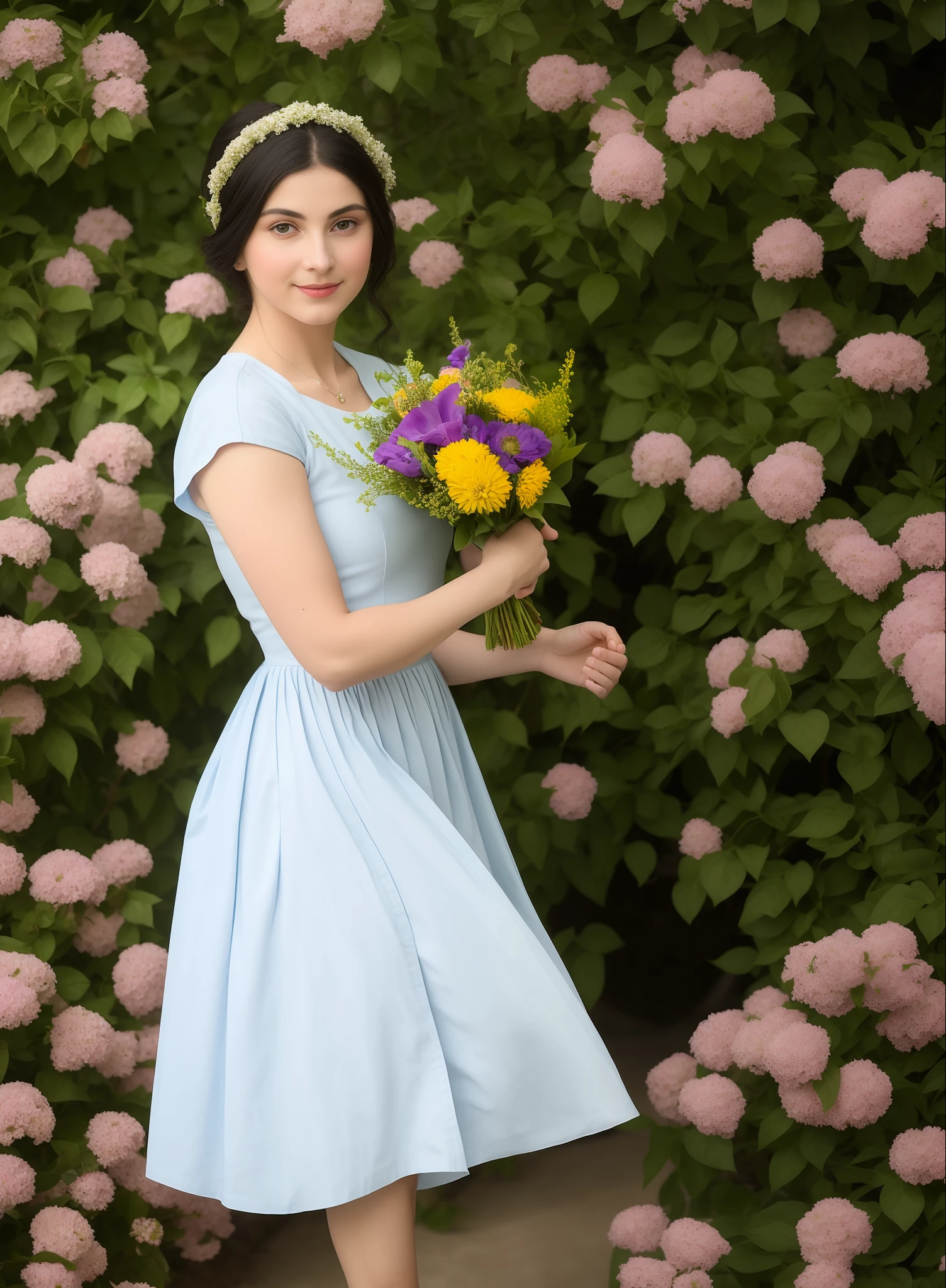 Masterpiece, award winning photography, photographic recreation of The Tambourine Girl by John William godward, inspired by paintings of John William godward, photoshoot style, recreation from famous painting, photoshoot ideas, realistic recreation from art, Full body shot, dslr, 4k, 8k, modelshoot ideas from famous paintings, canon, High quality, sharp image, epic details, open pose, posing inspired from paintings, only flower bouquet can be seen in hand of the model